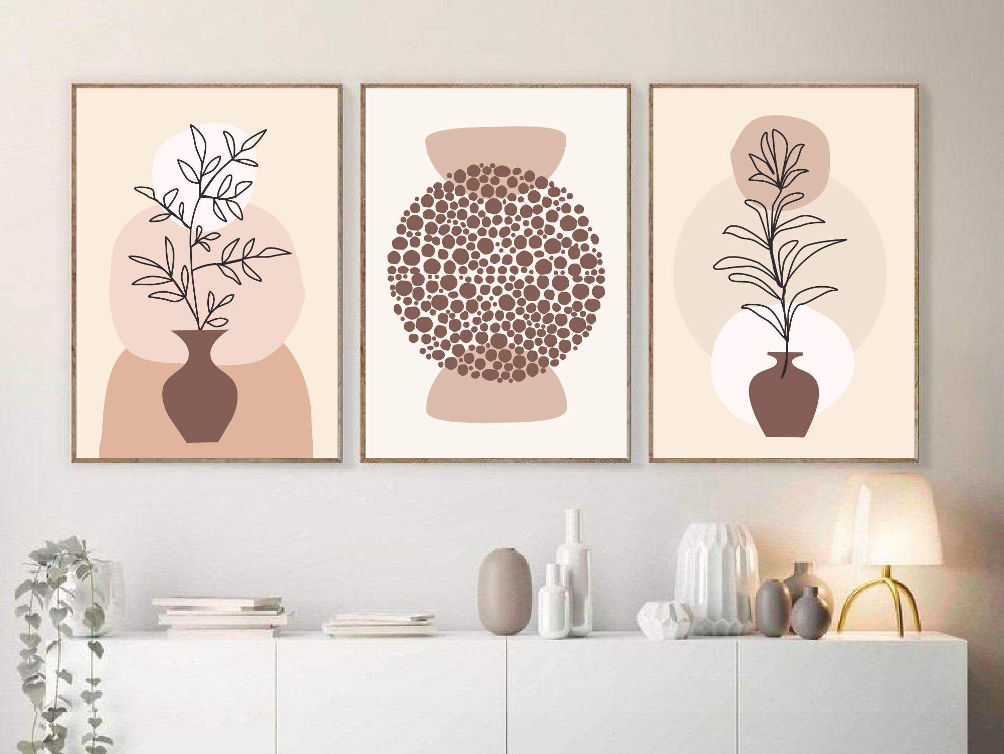 Set of 3 abstract wall art print, vase and leaves boho digital art downloadable print