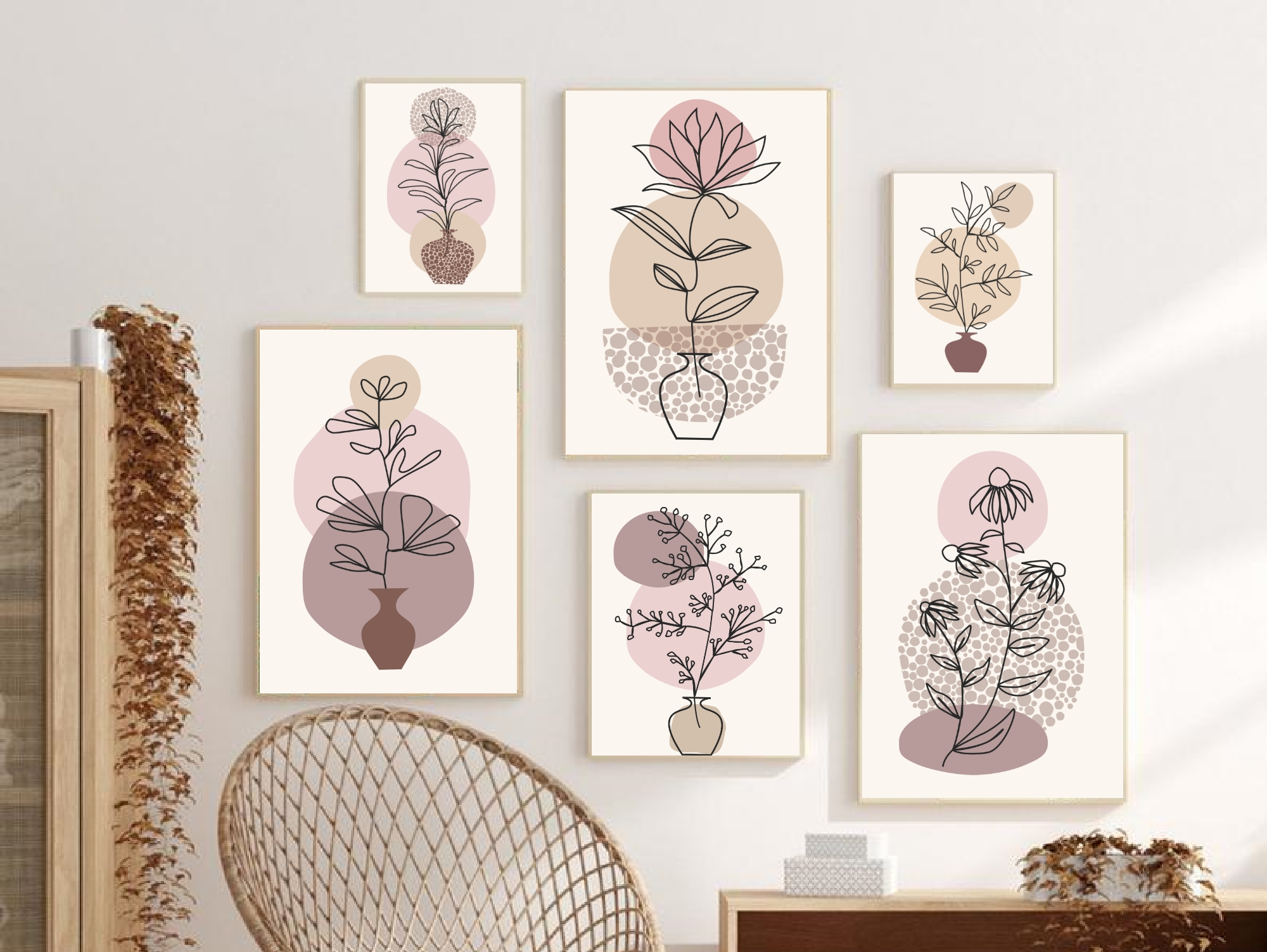 Set of 6 Boho wall art floral print, line drawing, modern art digital print