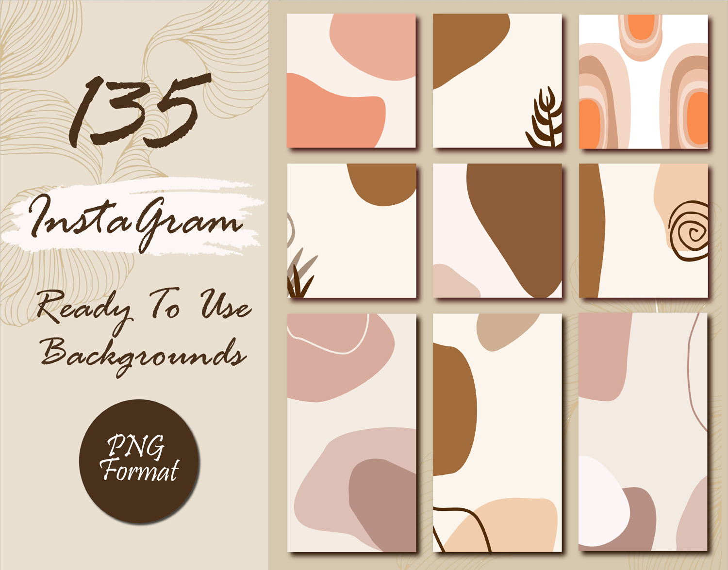 135 Ready to use Instagram post and story backgrounds, Neutral boho Colors, Social Media Templates