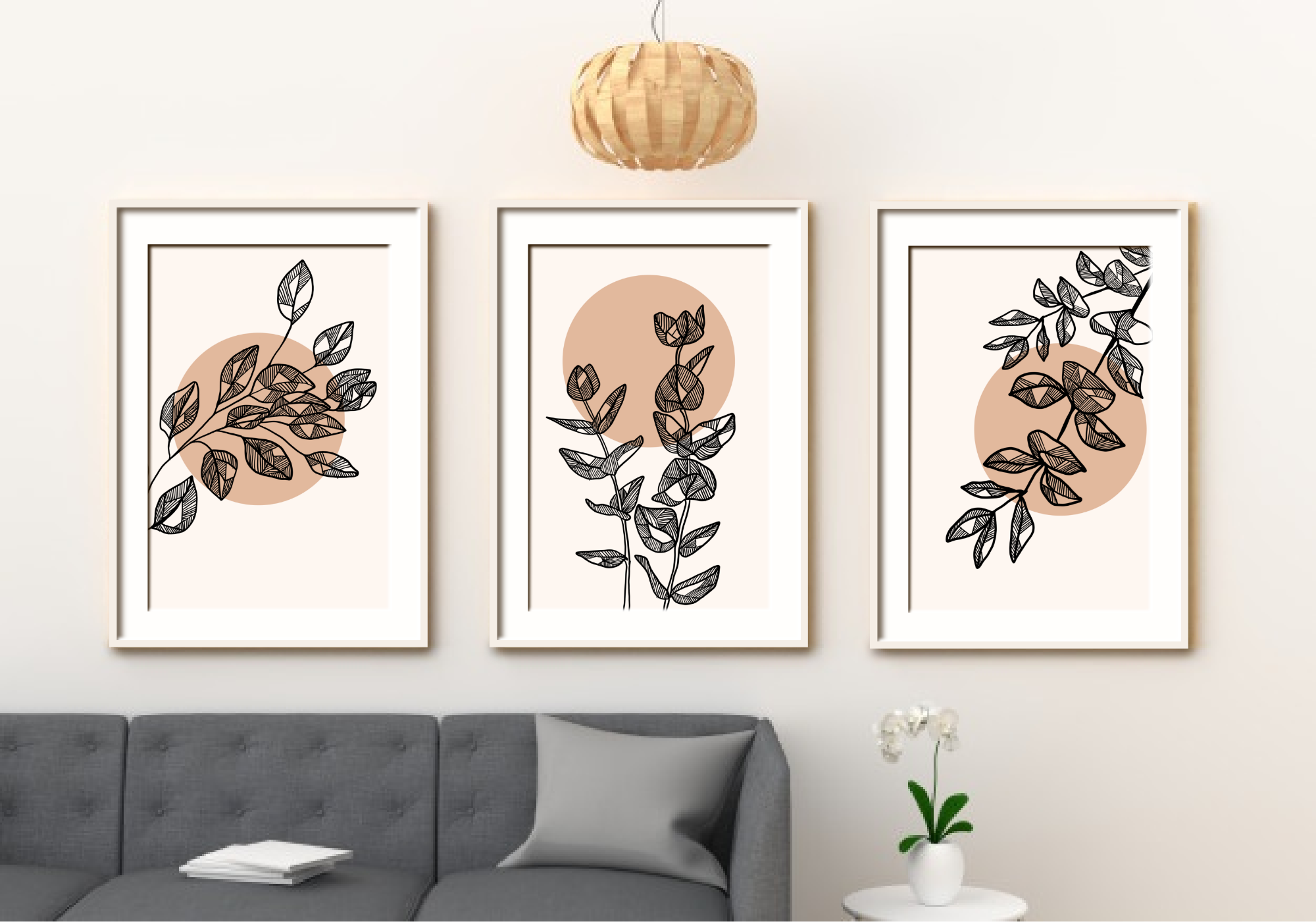 Boho Leaf wall Art Set of 3 Prints,  Abstract Gallery Wall Set, Boho Wall line art