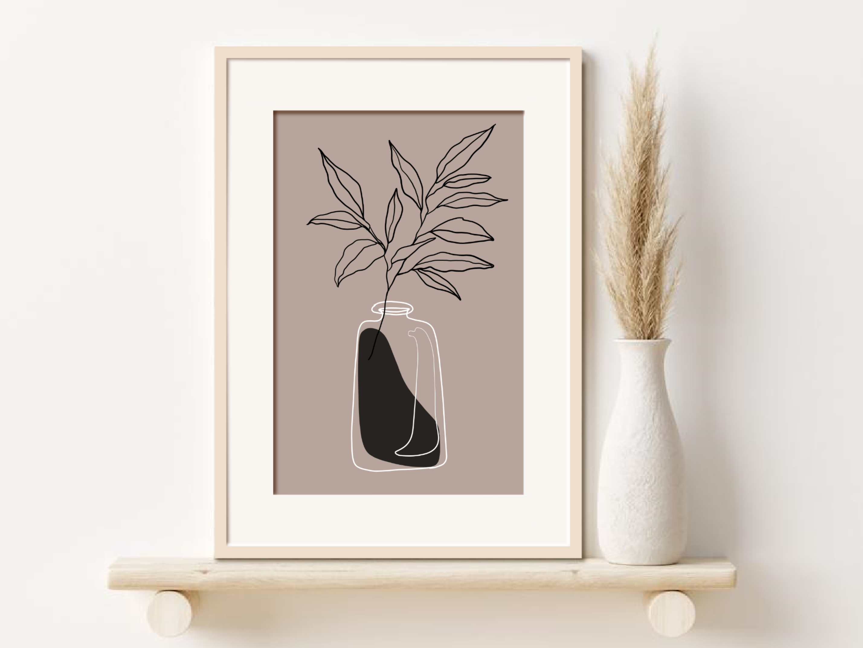 Leaf and vase wall art print, minimal line drawing art print, digital art