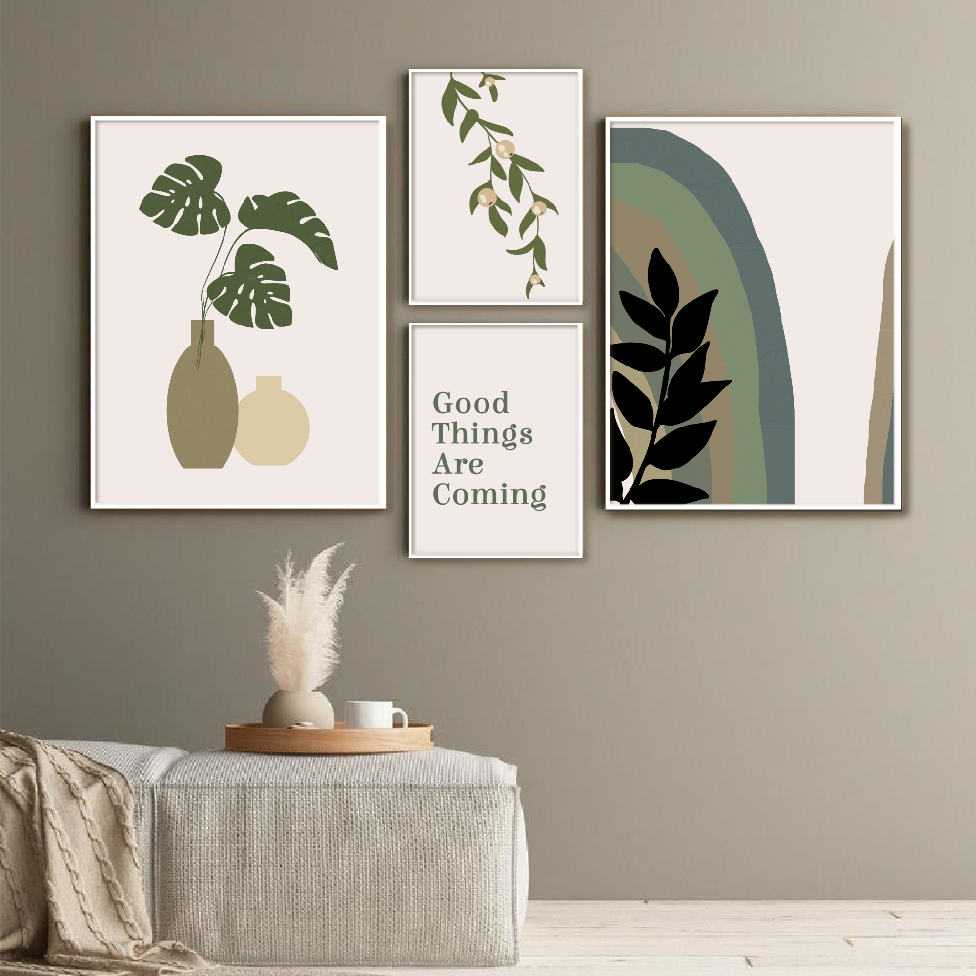Printable Modern Art Sage Green, Minimal Botanical Print line drawing