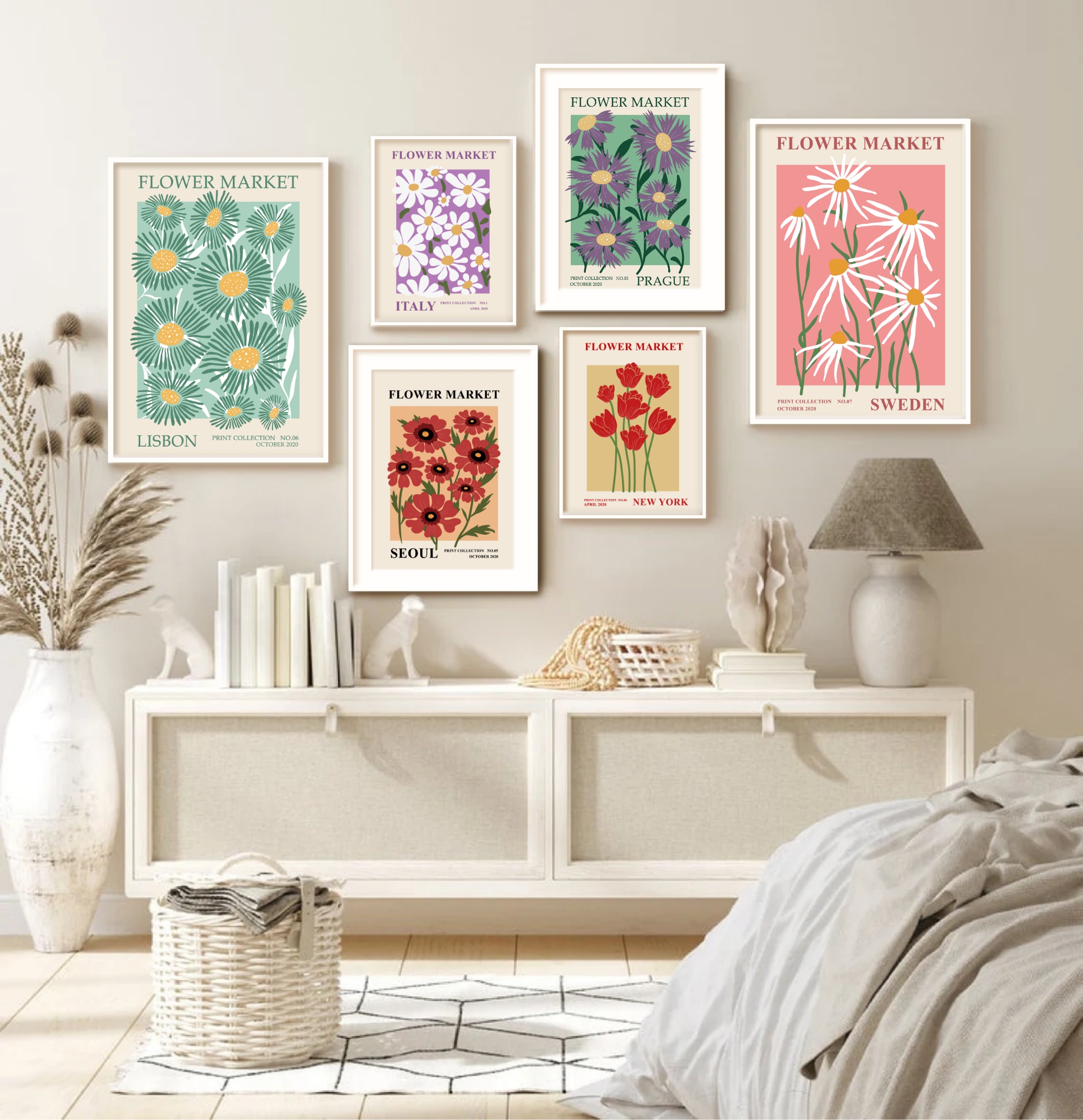 Flower Market Wall Art Set of 6 Prints, Art Print Set, Floral Art Print, Abstract Art