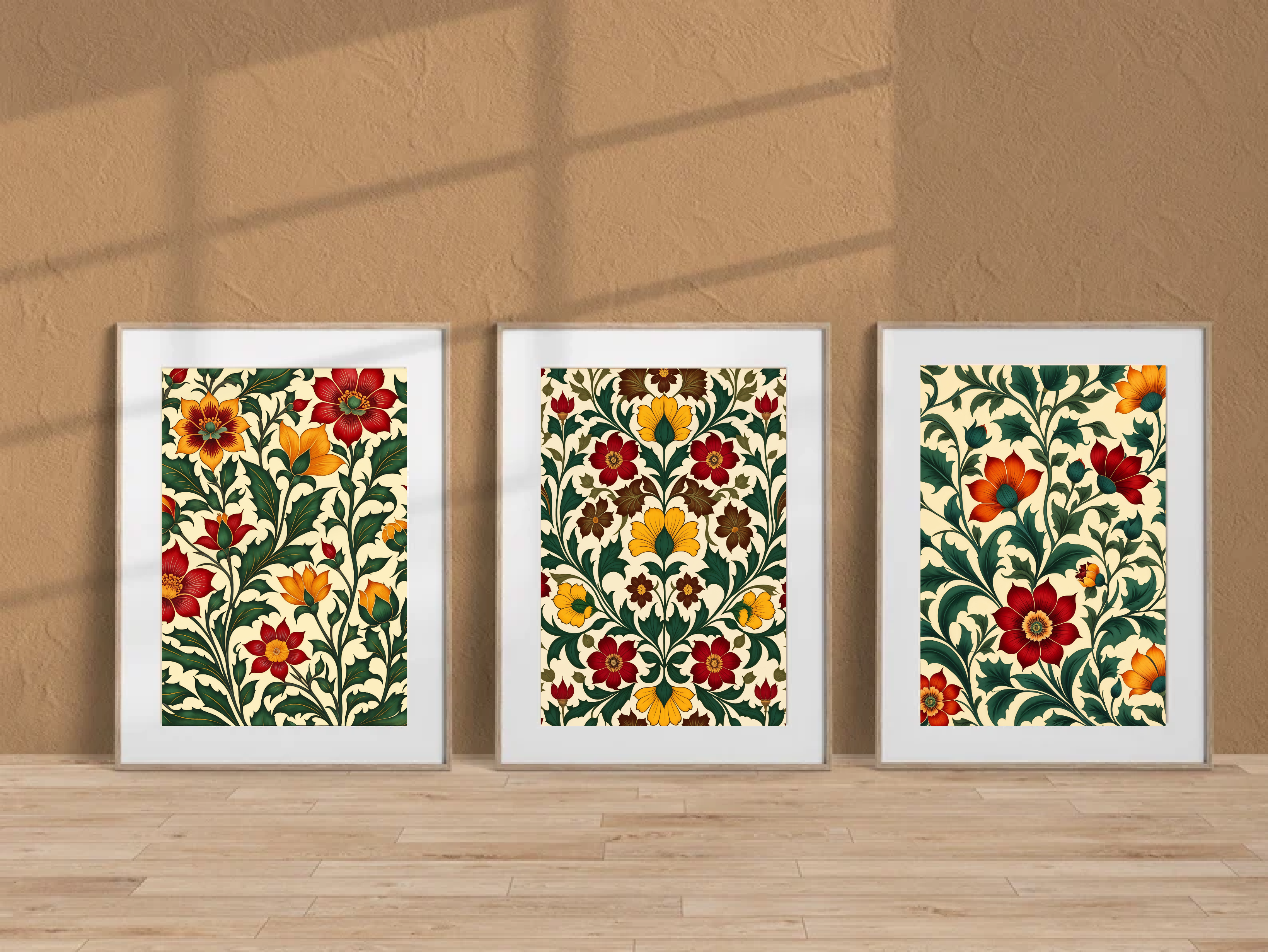 Indian Art, Indian Floral Pichwai, Folk Art Print set of 3, Floral Art