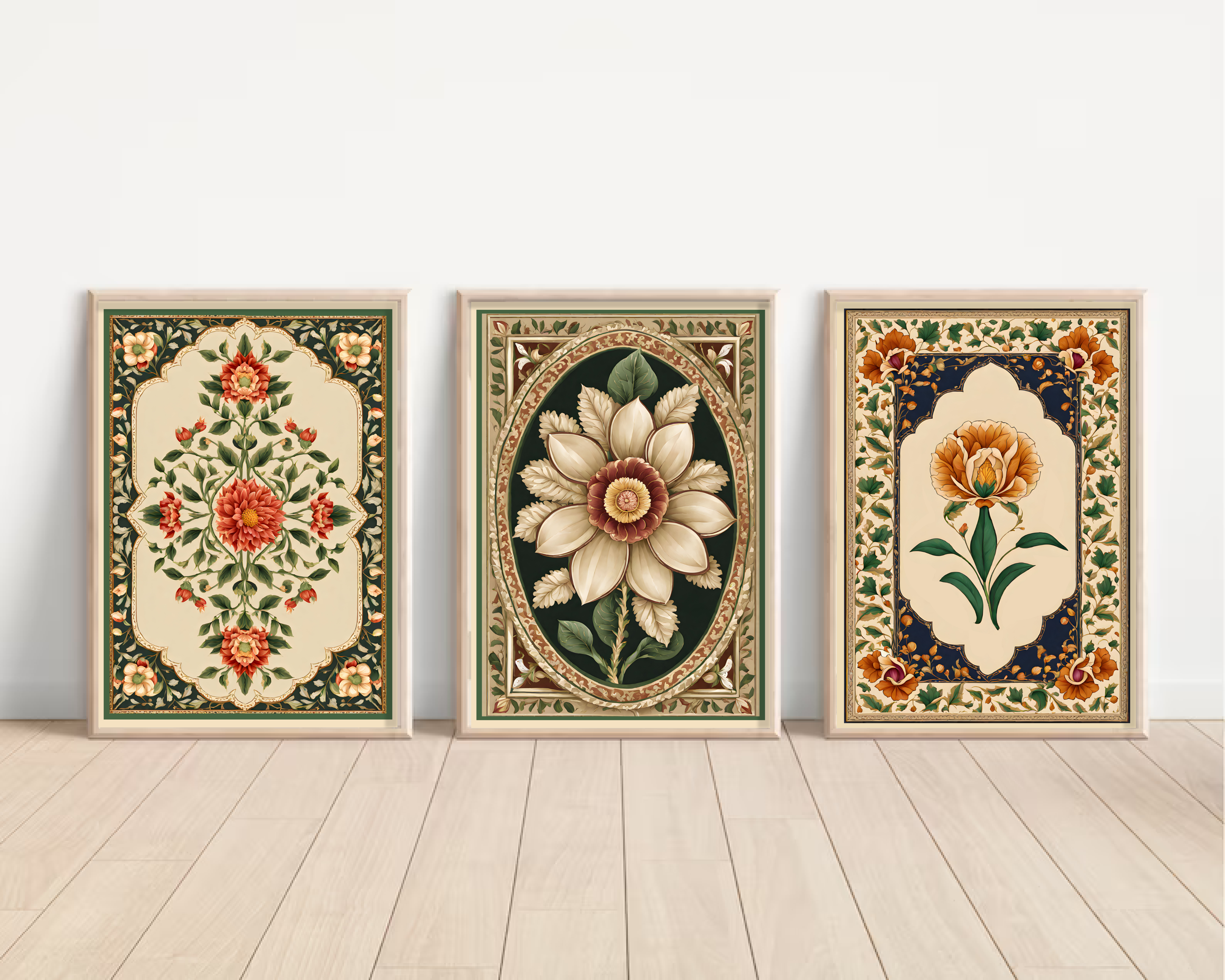 Indian Art, Indian traditional Floral Pichwai, Folk Art Print set of 3, Floral Art