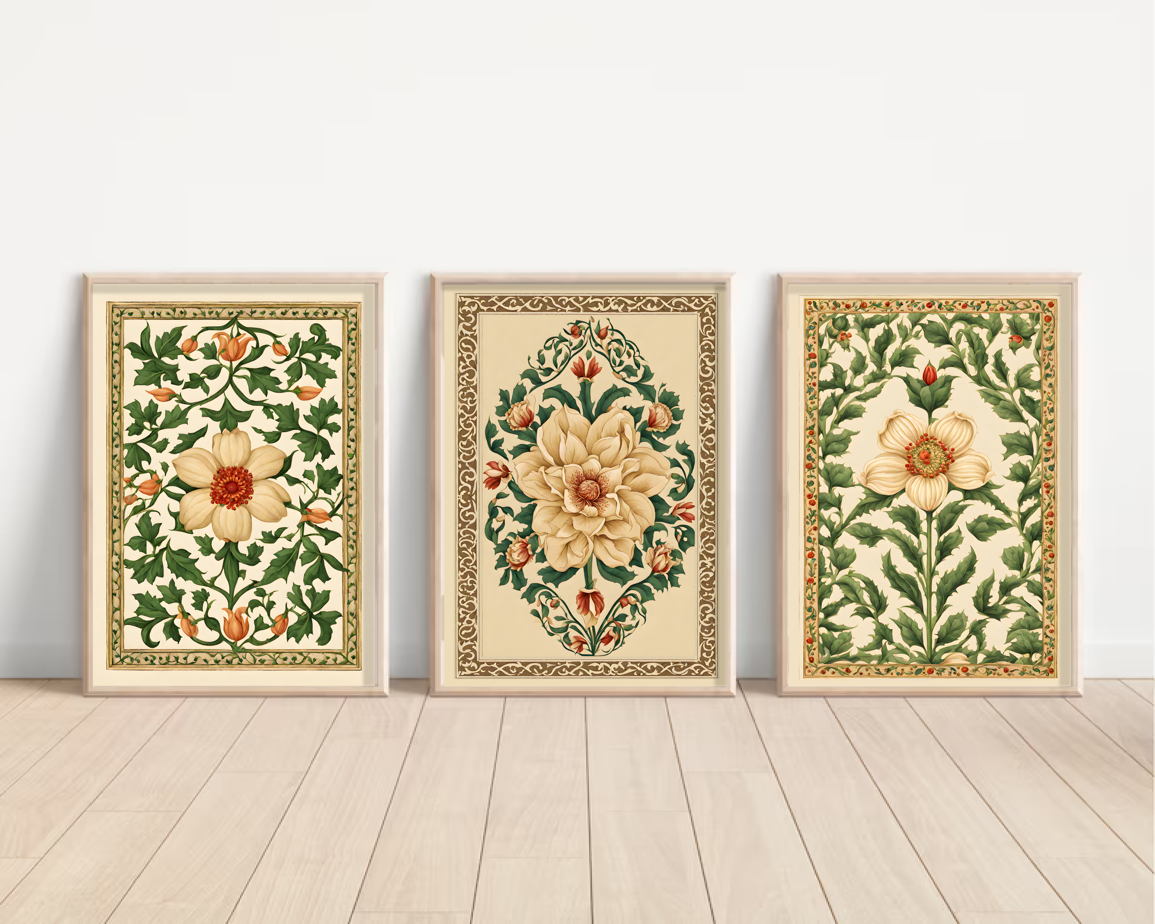 Indian Art, Indian traditional Floral Pichwai, Folk Art Print set of 3, Floral Art