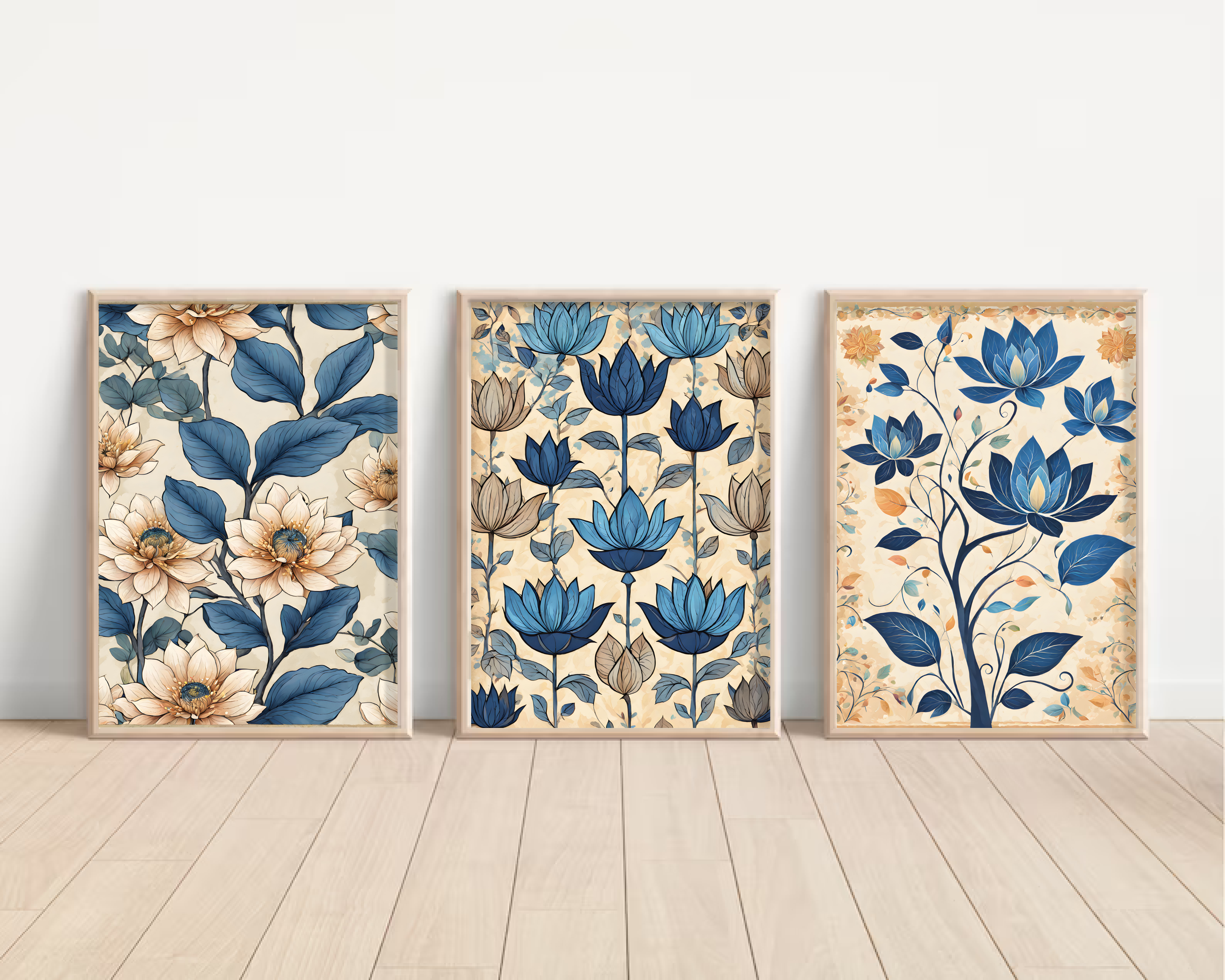 Indian Art, Indian traditional Floral Pichwai, Folk Art Print set of 3, Blue Lotus Art