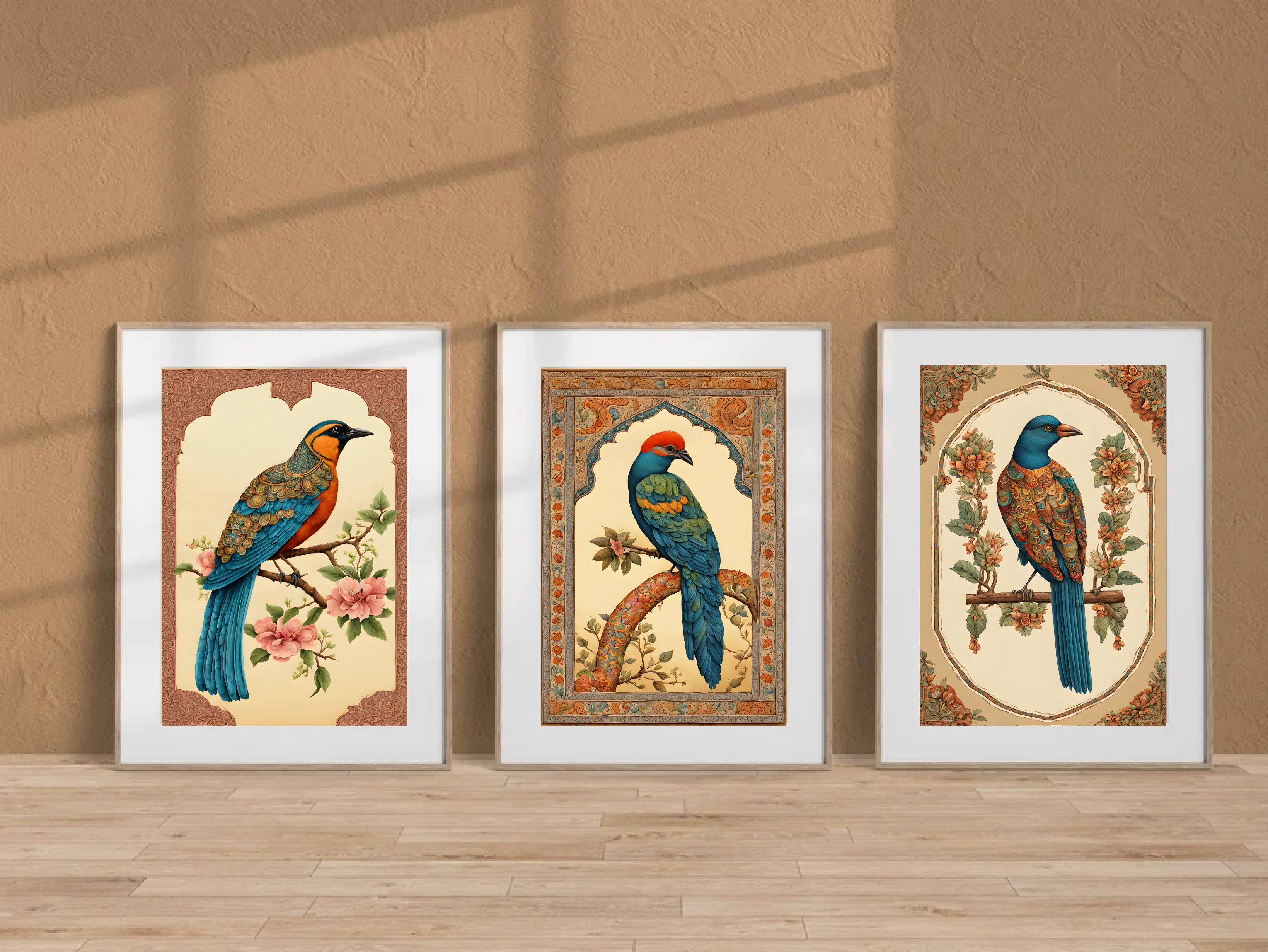 Indian Art, Indian traditional Bird Prints, Folk Art Print set of 3, Floral Art