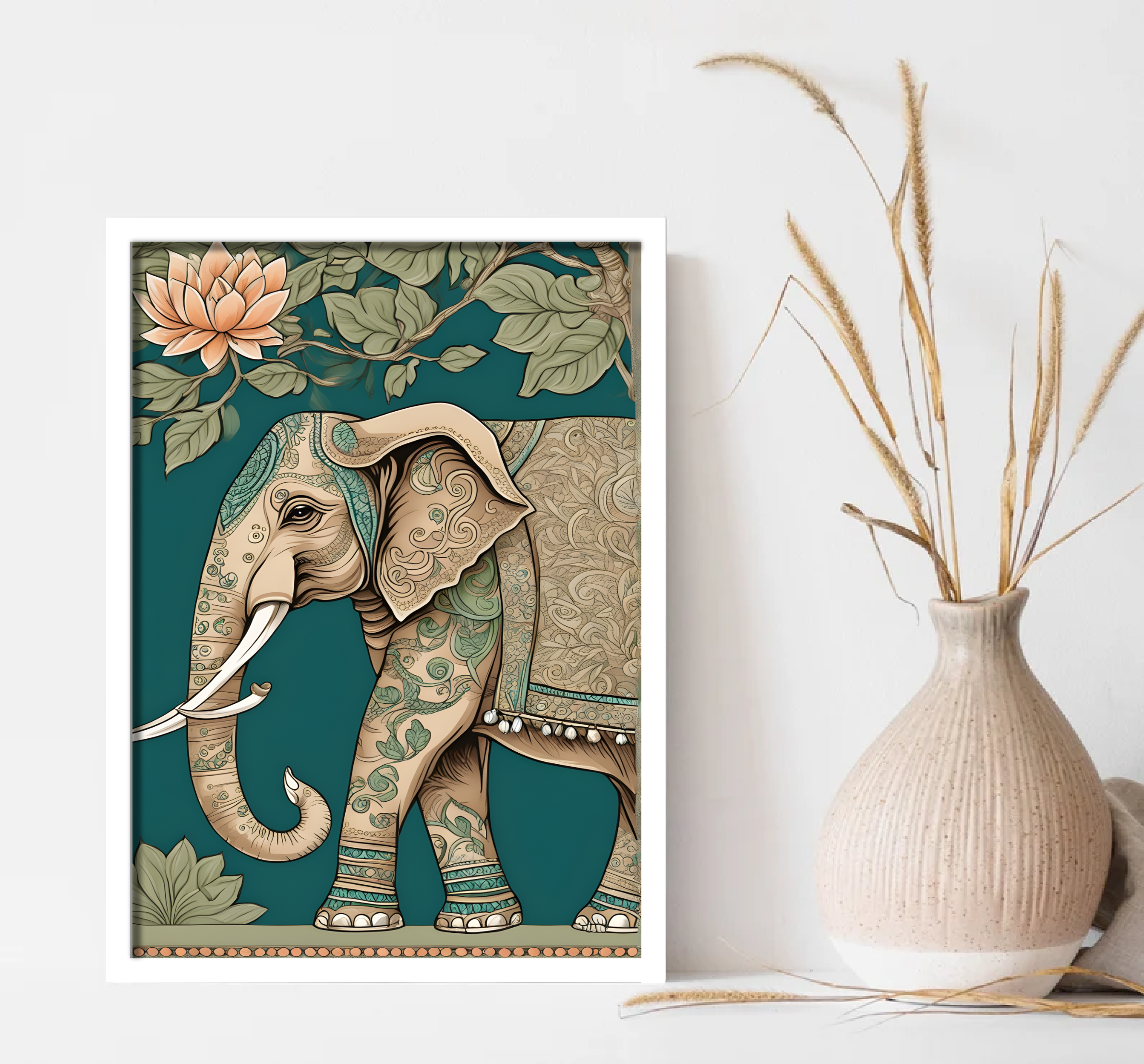 Indian Art, Indian traditional Elephant Art Print, Folk Art, Floral Bird Art
