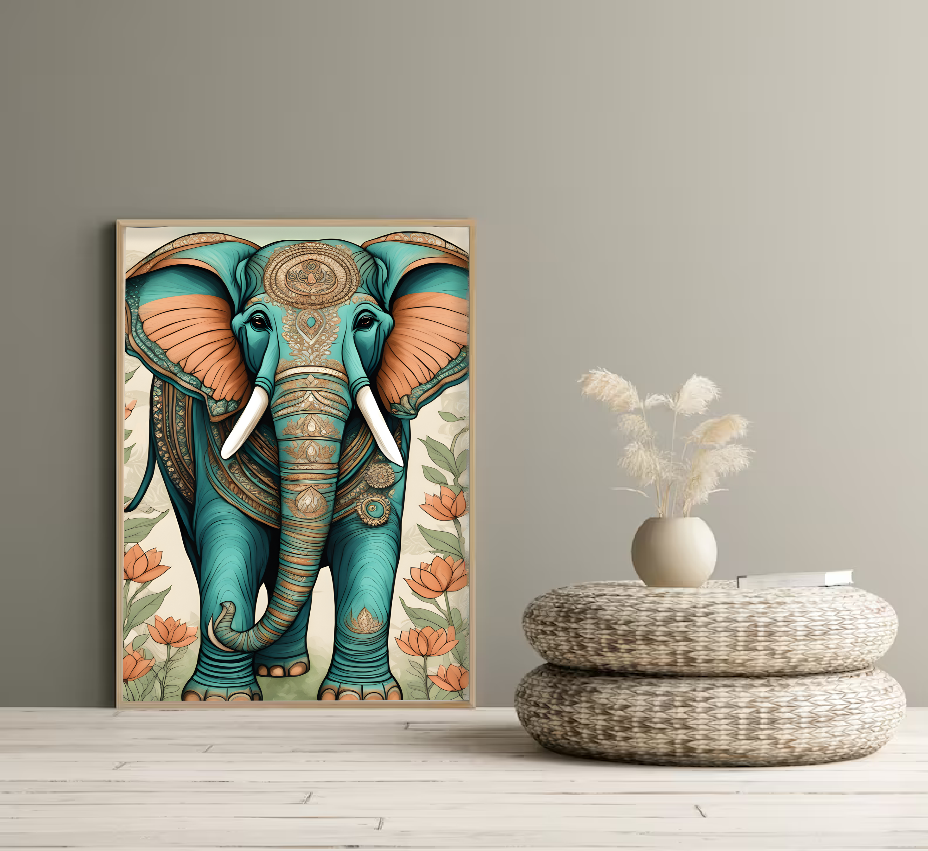 Indian Art, Indian traditional Elephant Art Print, Folk Art, Floral Bird Art