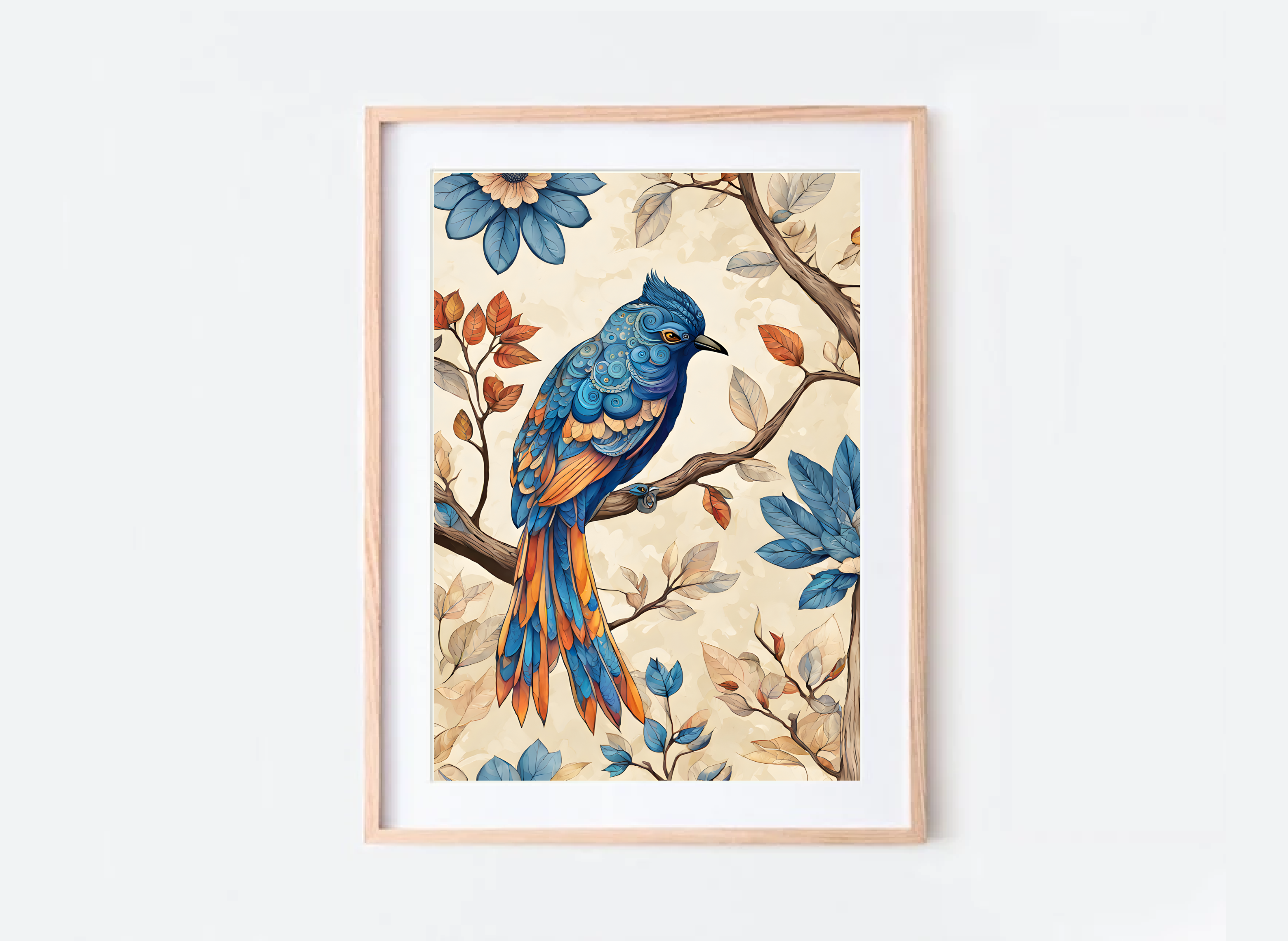 Indian Art, Indian traditional Blue Bird Art Print, Folk Art, Floral Bird Art