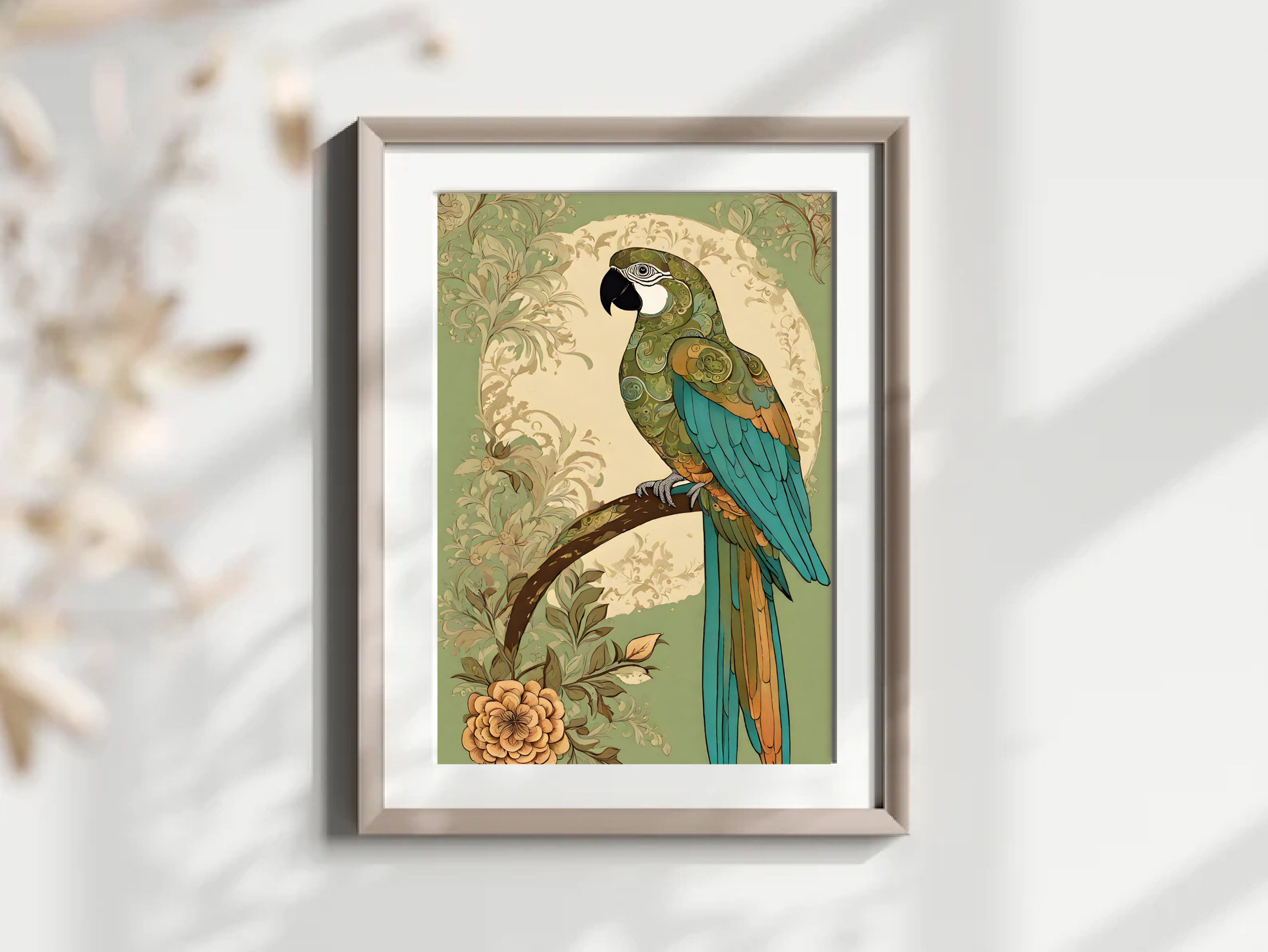 Indian Art, Indian traditional Parrot Bird Art Print, Folk Art, Floral Bird Art