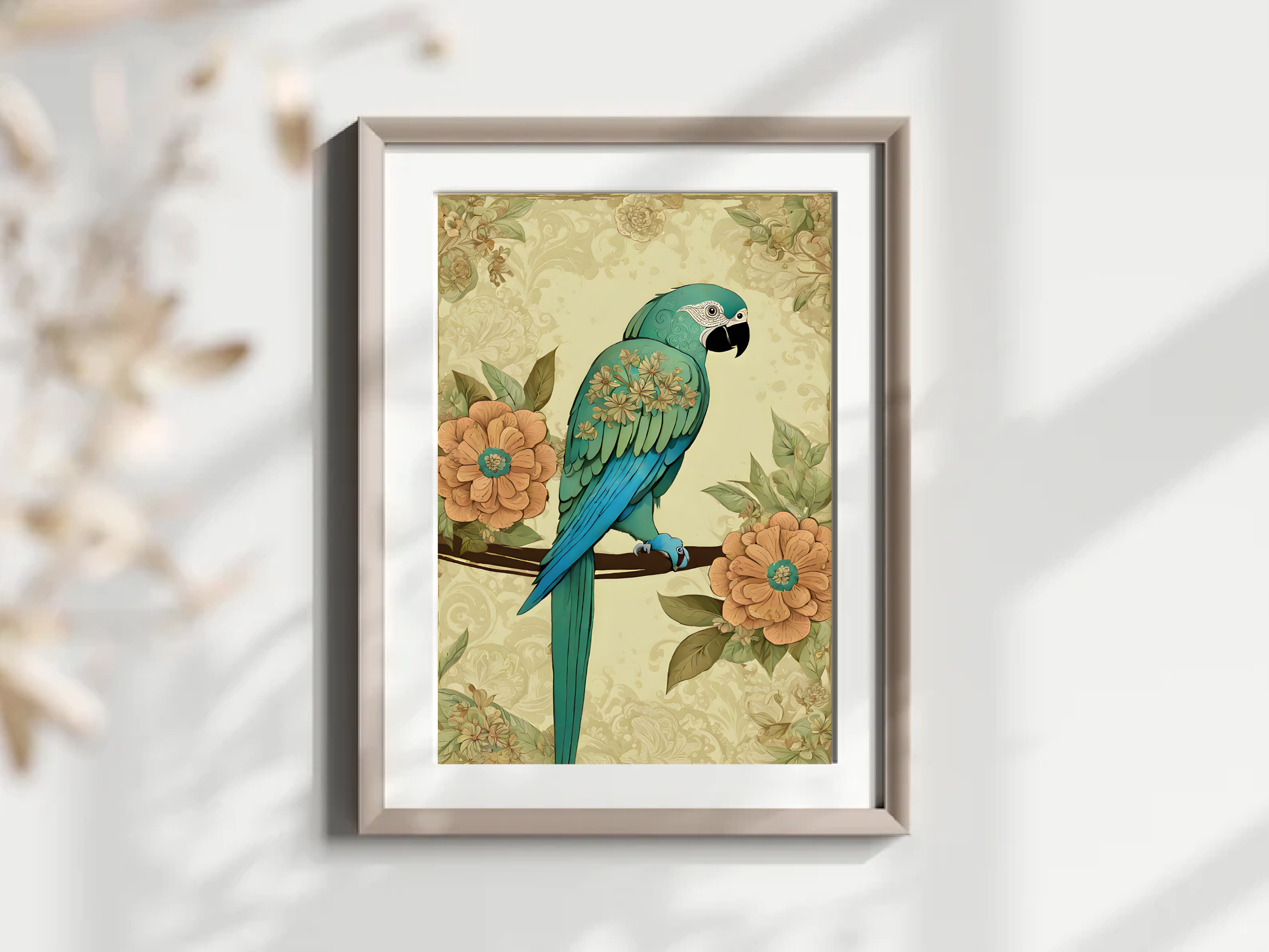 Indian Art, Indian traditional Parrot Bird Art Print, Folk Art, Floral Bird Art