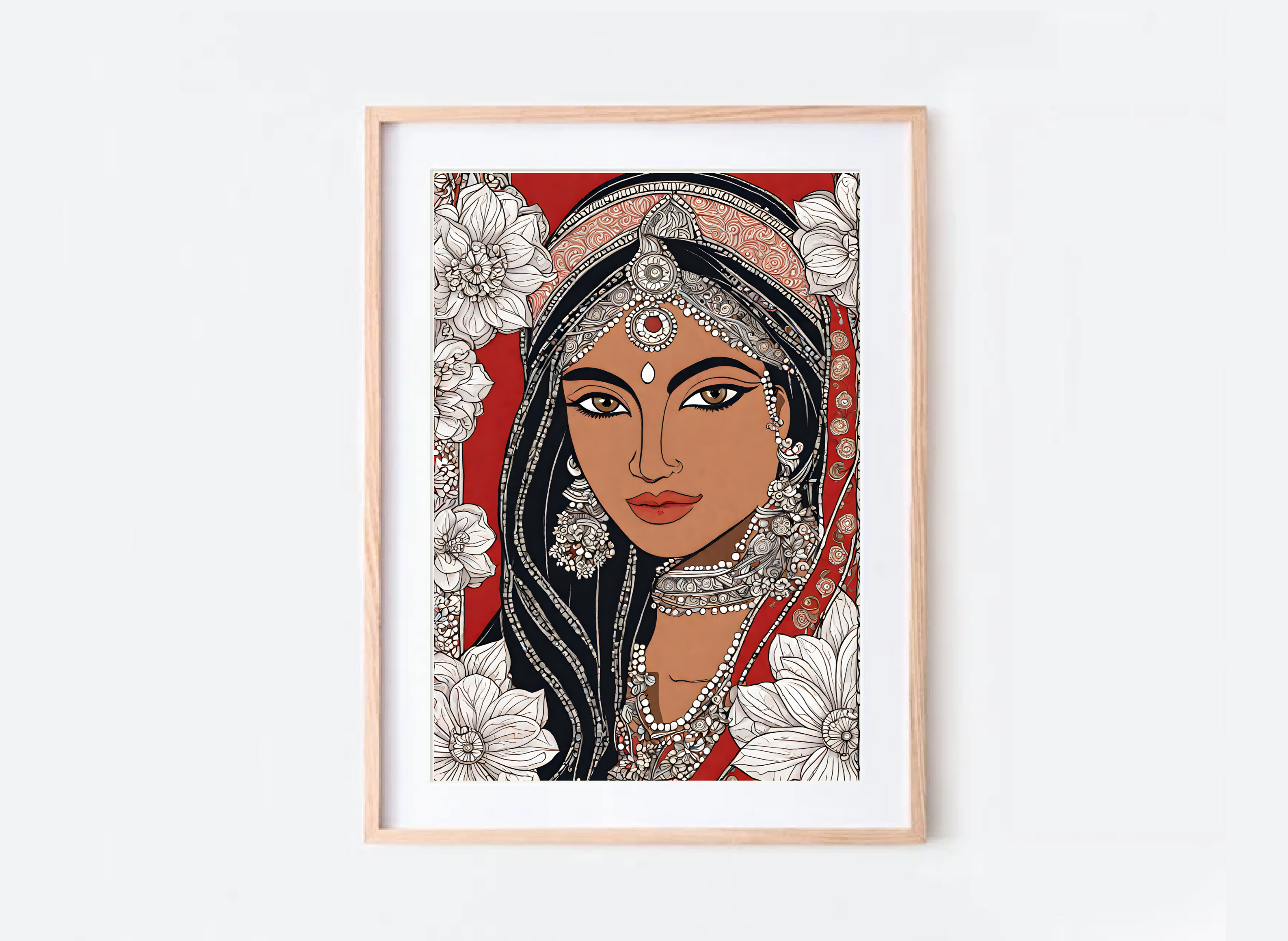 Indian Art, Indian traditional Girl Art Print, Folk Art, Floral Bird Art