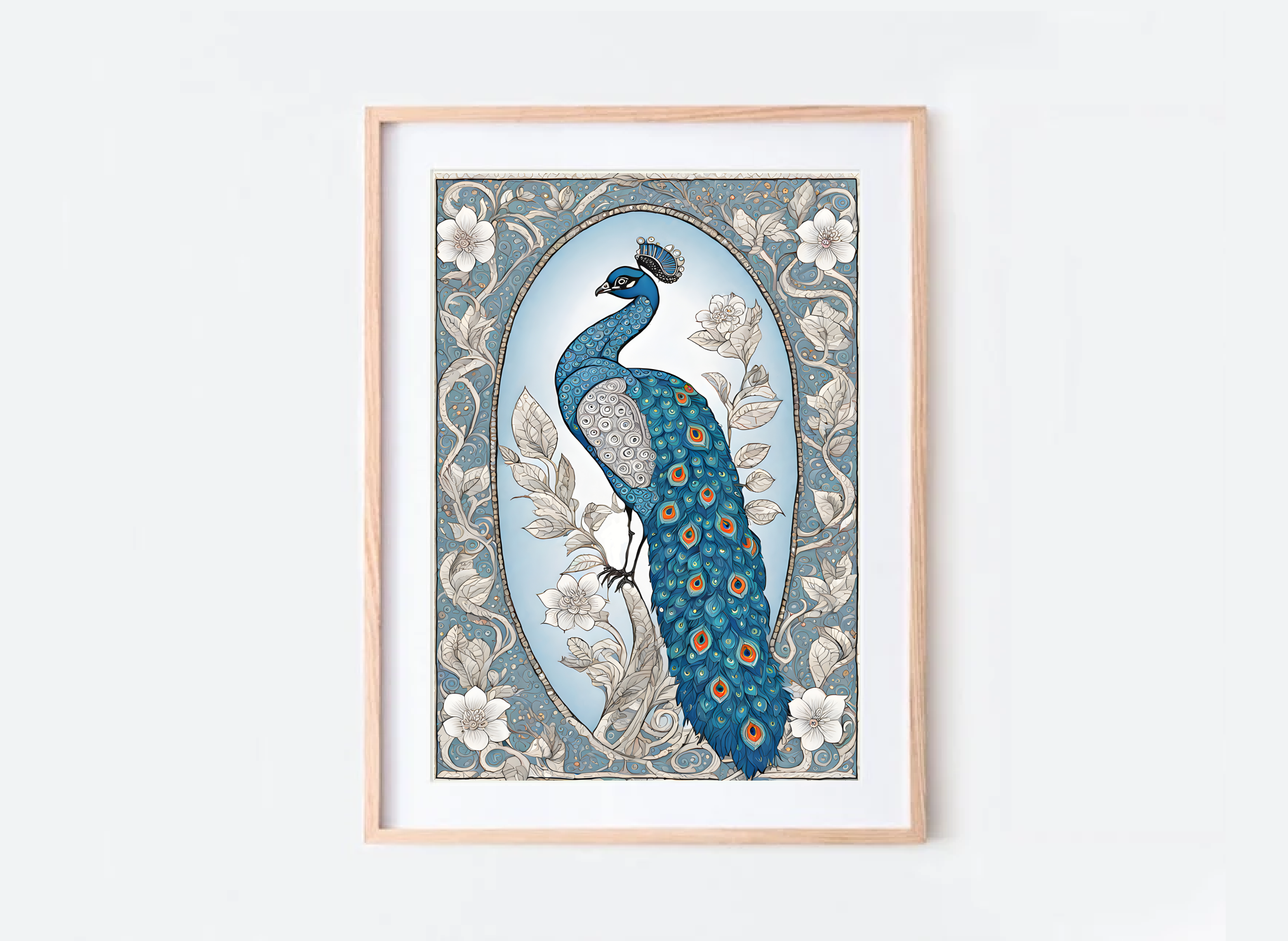Indian Art, Indian traditional Peacock Art Print, Folk Art, Floral Bird Art
