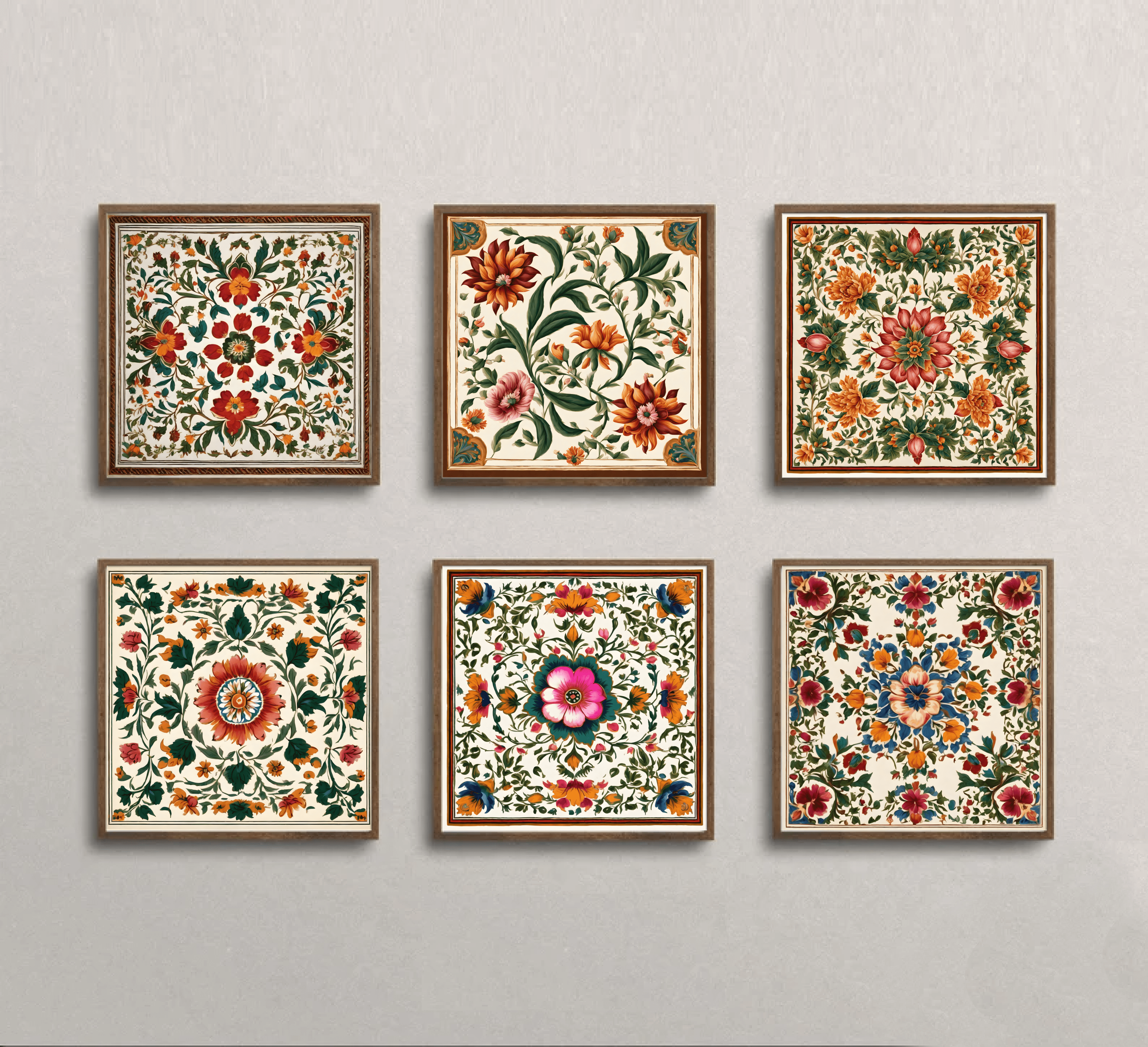 Indian Art, Indian traditional Floral Mughal Style Art, Folk Art Print, Floral Art Set of 6