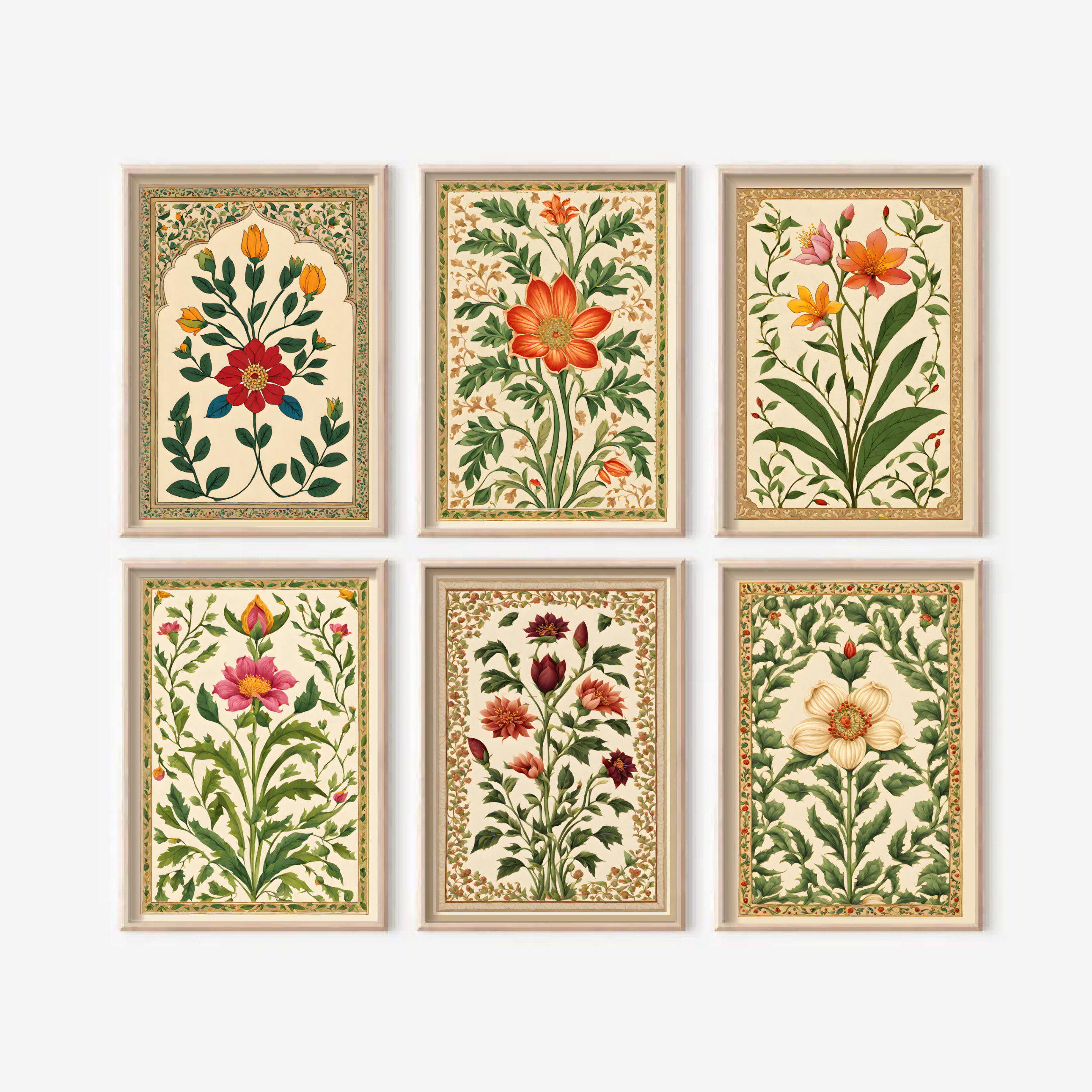 Indian Art, Indian traditional Floral Mughal Style Art, Folk Art Print, Floral Art Set of 6
