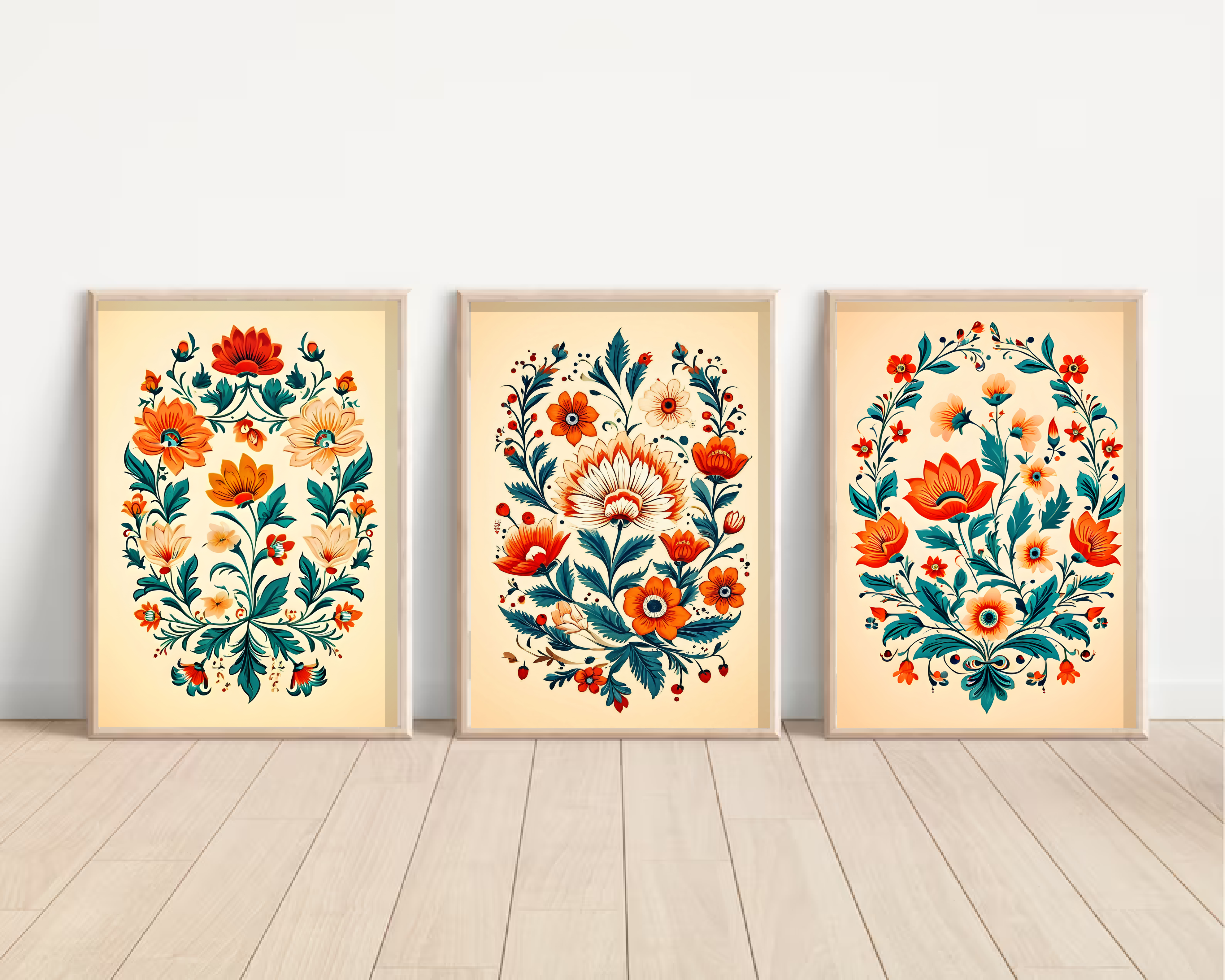 Indian Art, Indian traditional Floral Style Art, Folk Art Print, Floral Art Set of 3