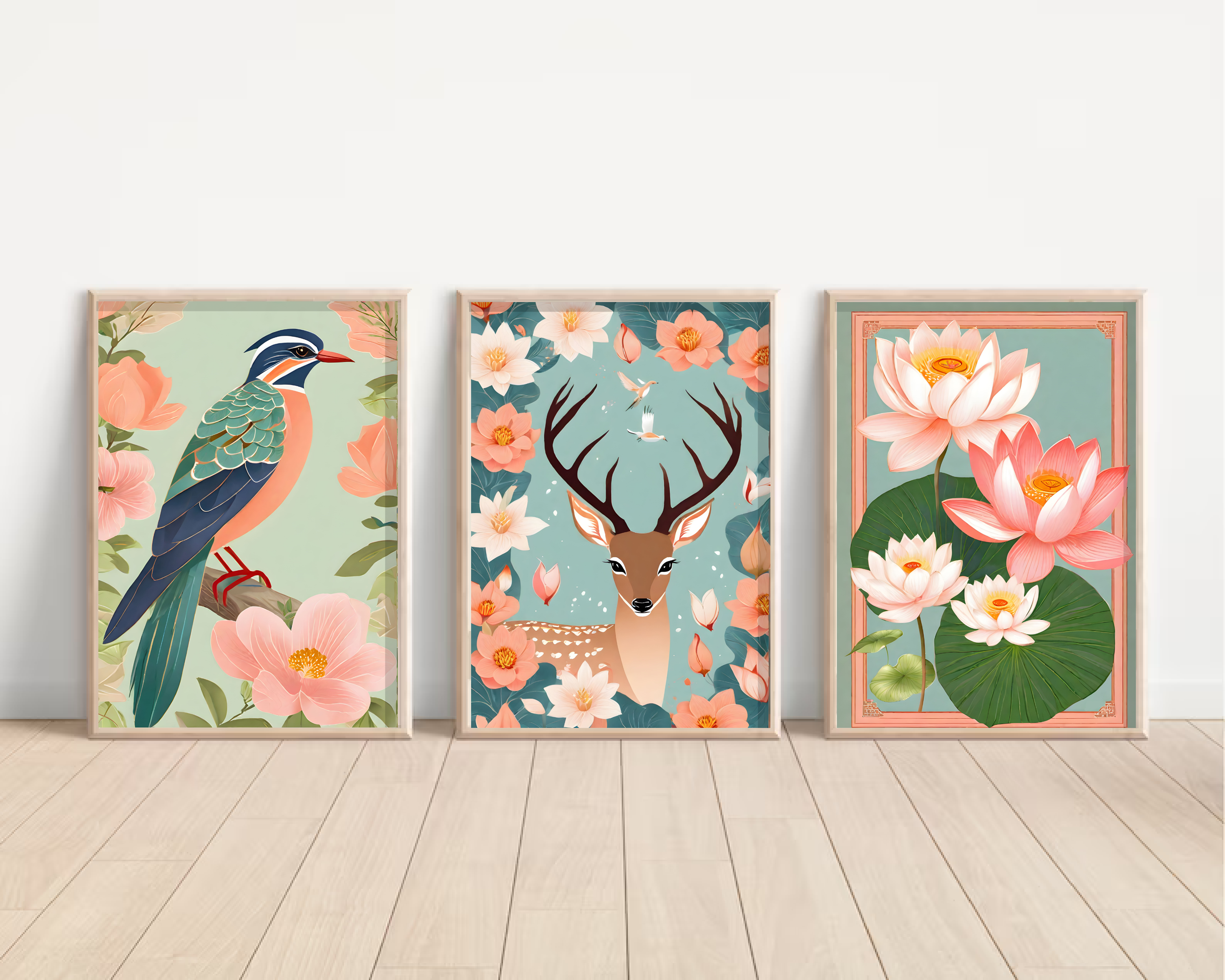Indian Art, Indian traditional Jungle Theme Art, Folk Art Print set of 3, Floral Art