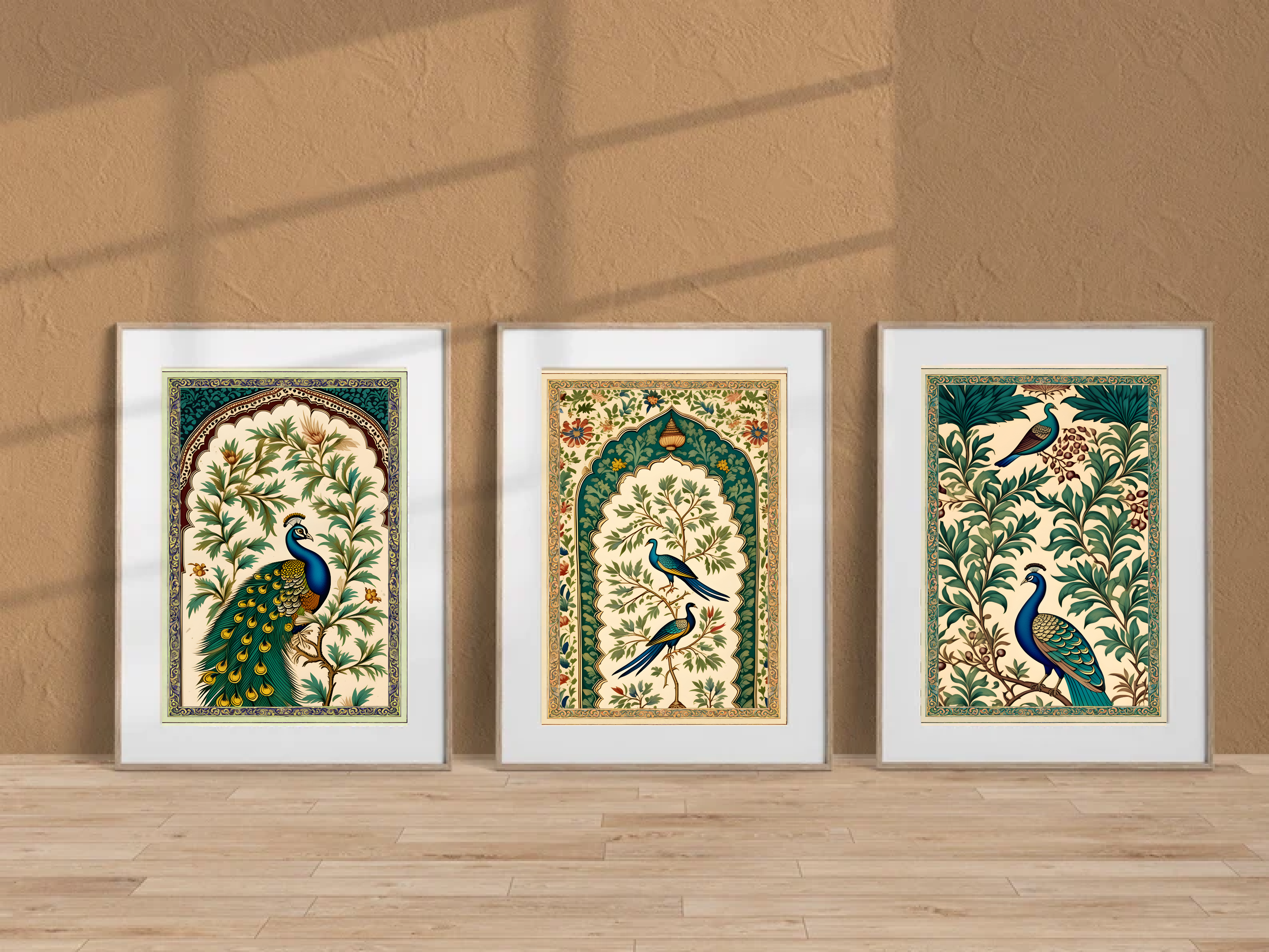 Indian Art, Indian traditional Peacock Art Print, Folk Art Print set of 3, Floral Bird Art