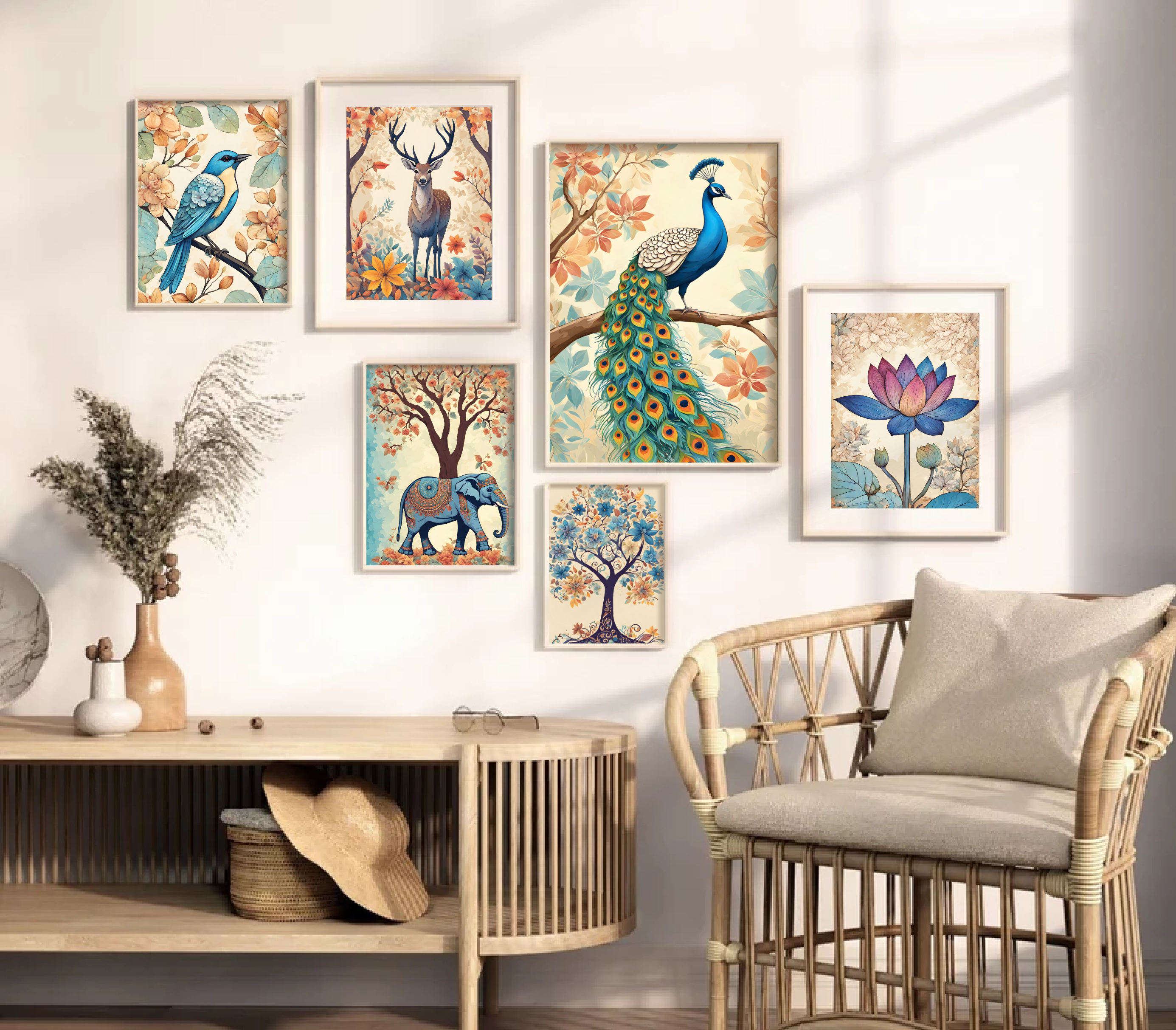 Indian Art, Indian traditional Jungle Theme Floral Style Art, Folk Art Print Set of 6
