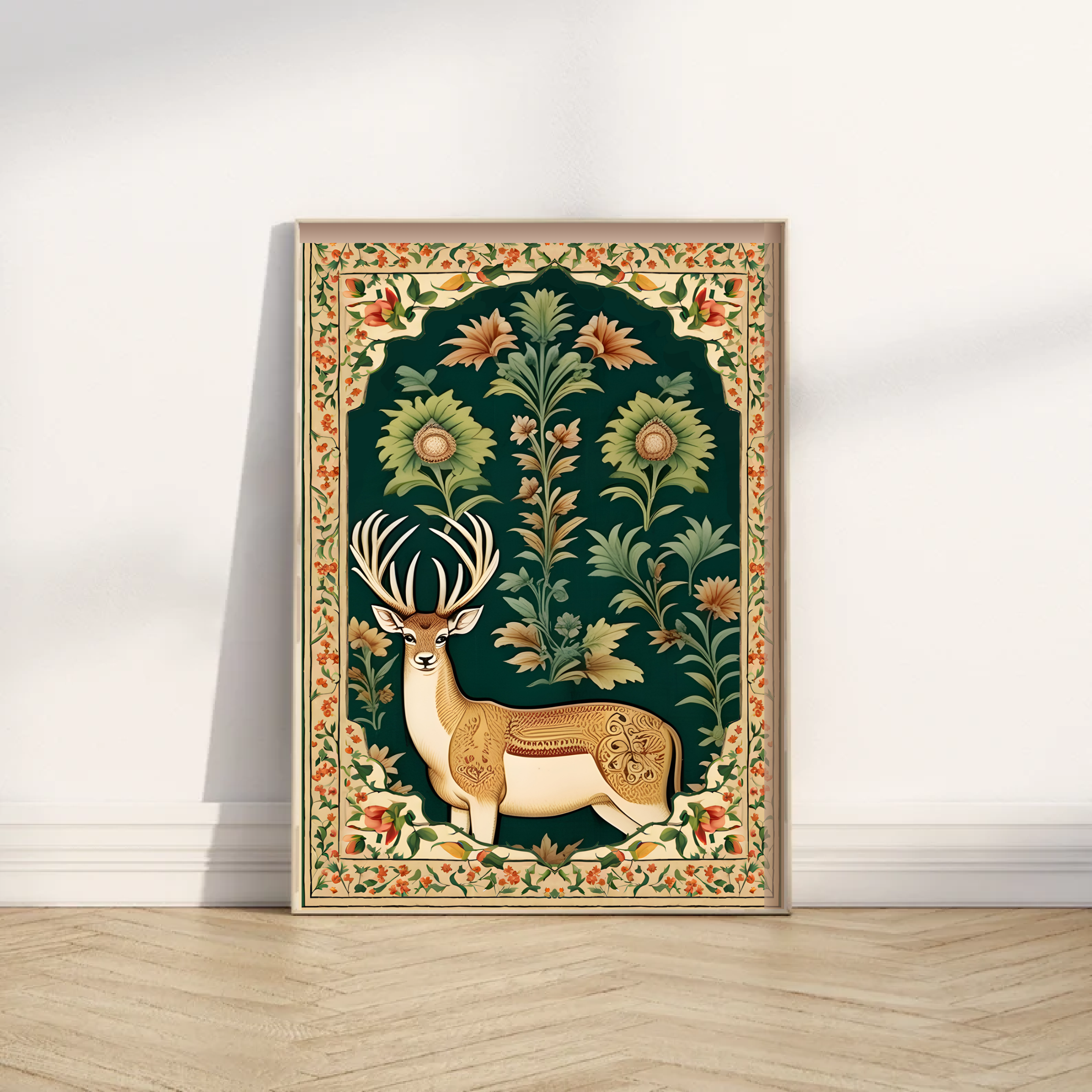 Indian Art, Indian traditional Deer Art Print, Folk Art, Floral Colorful Art