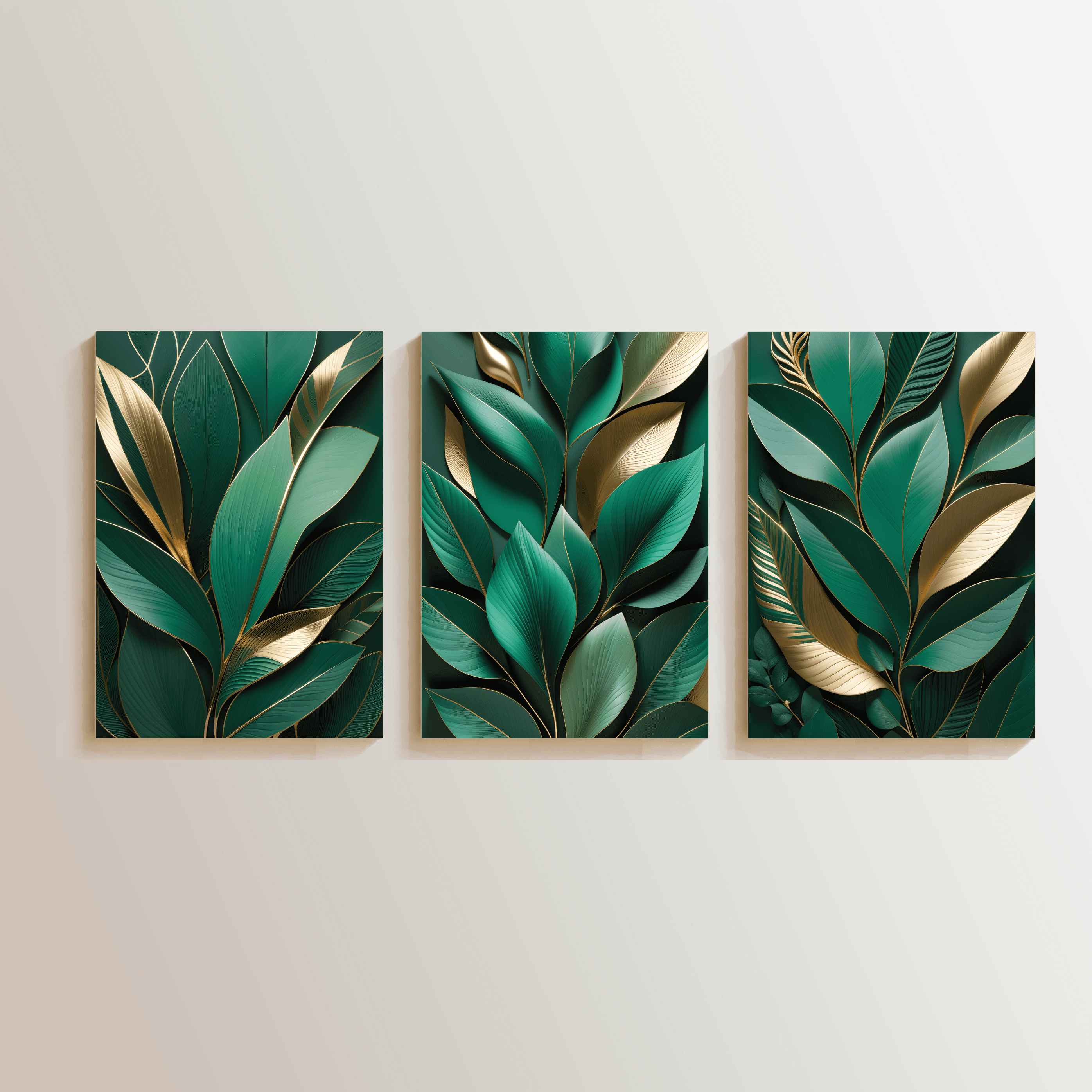 Three Luxury Green and Golden Leaves Art Print Set, Wall Art, Digital Download