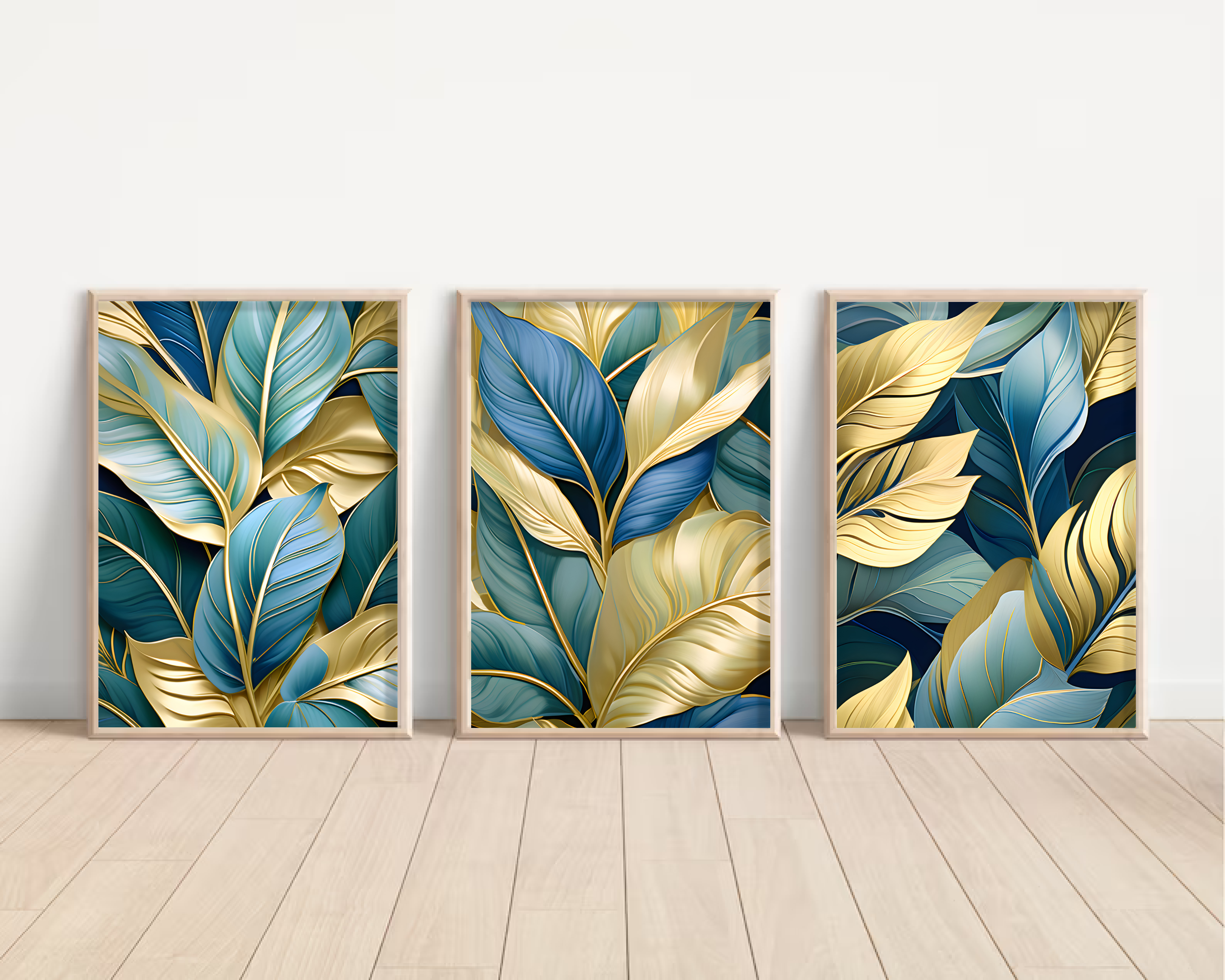 Three Luxury Blue and Golden Leaves Art Print Set, Wall Art, Digital Download