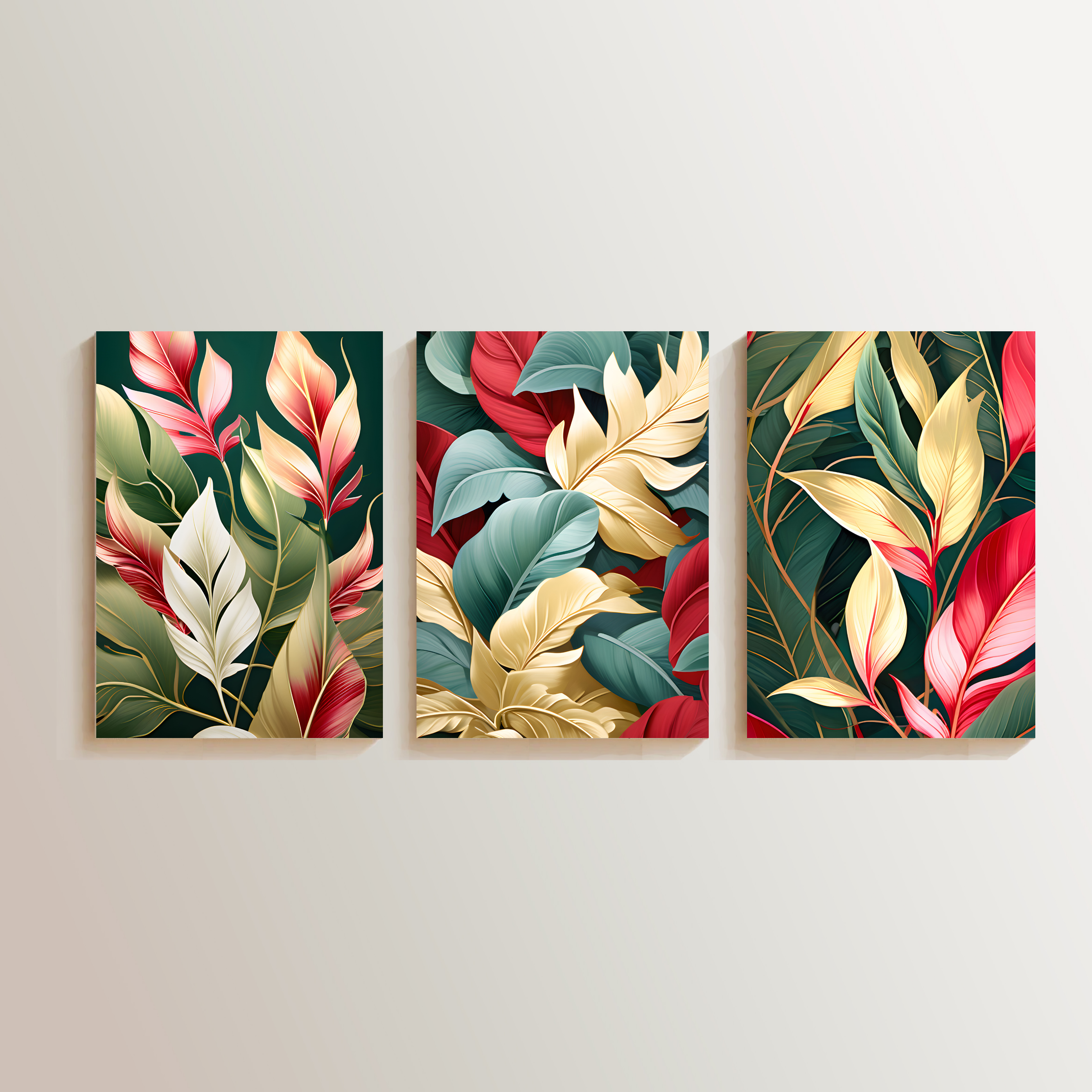 Three Luxury  Pink, White and Golden Flower Leaves Art Print Set, Wall Art, Digital Download