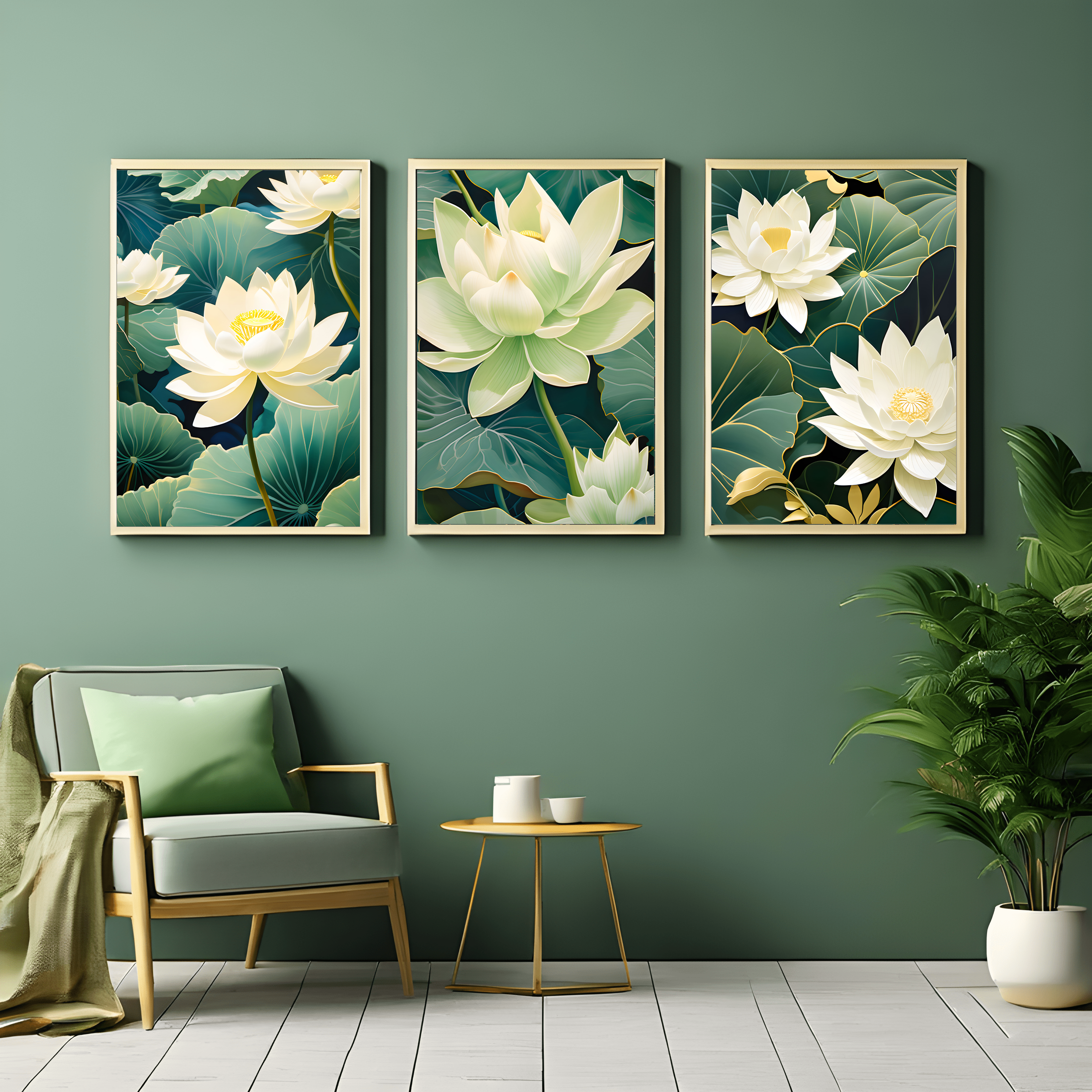 Three Luxury Lotus White and Golden Flower Leaves Art Print Set, Wall Art, Digital Download