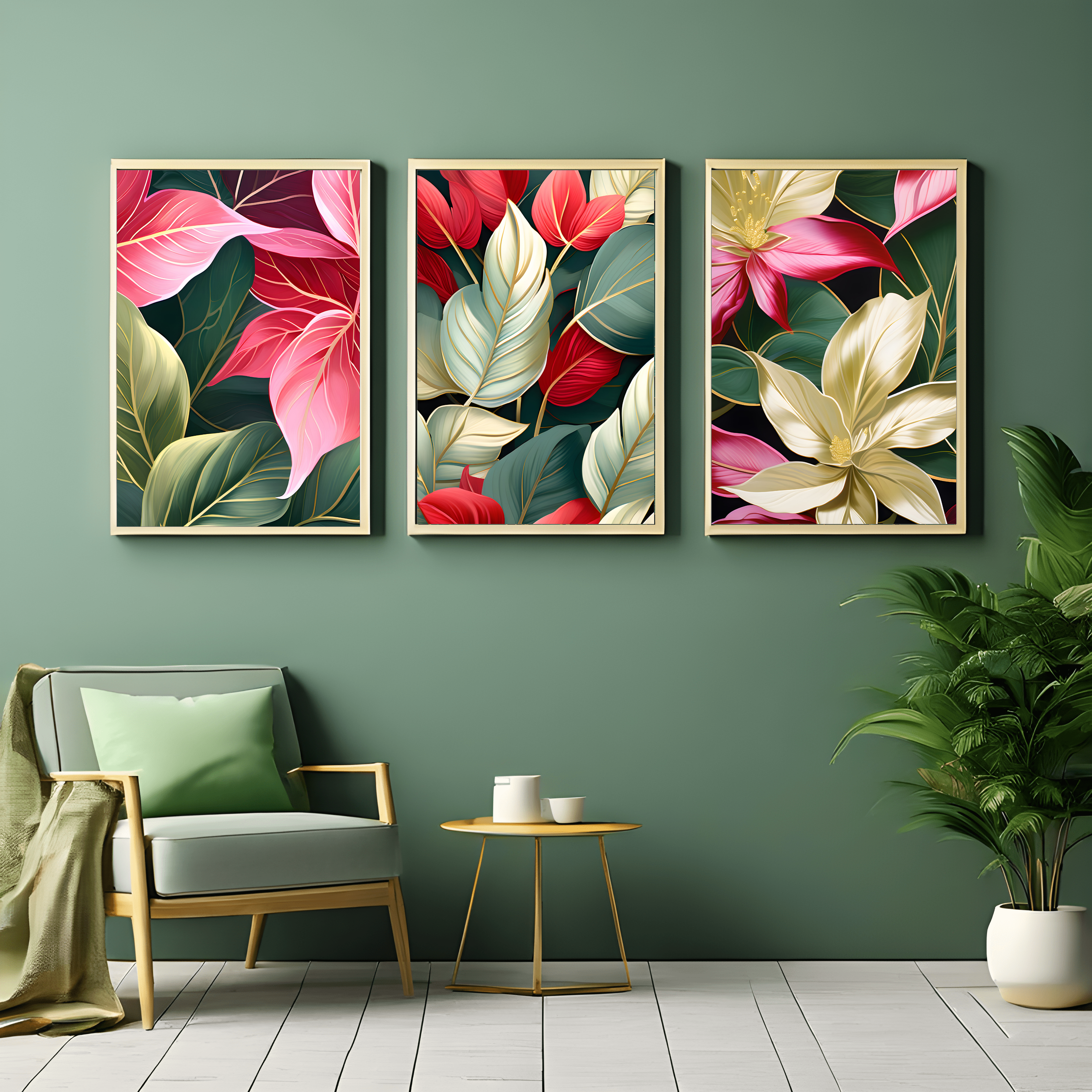 Three Luxury Red, Pink, Green and Golden Leaves Art Print Set, Wall Art, Digital Download