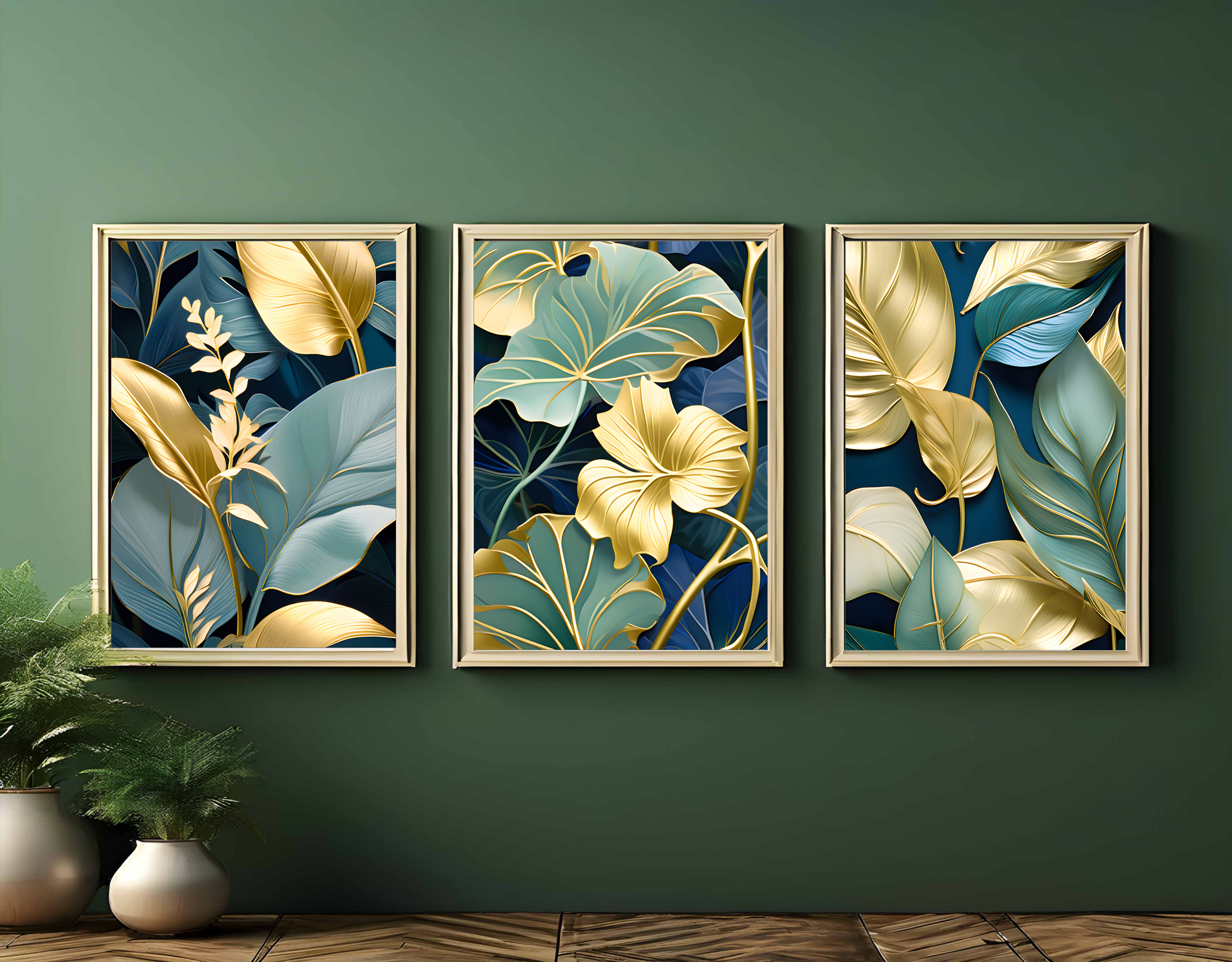 Three Luxury Blue and Golden Leaves Art Print Set, Wall Art, Digital Download