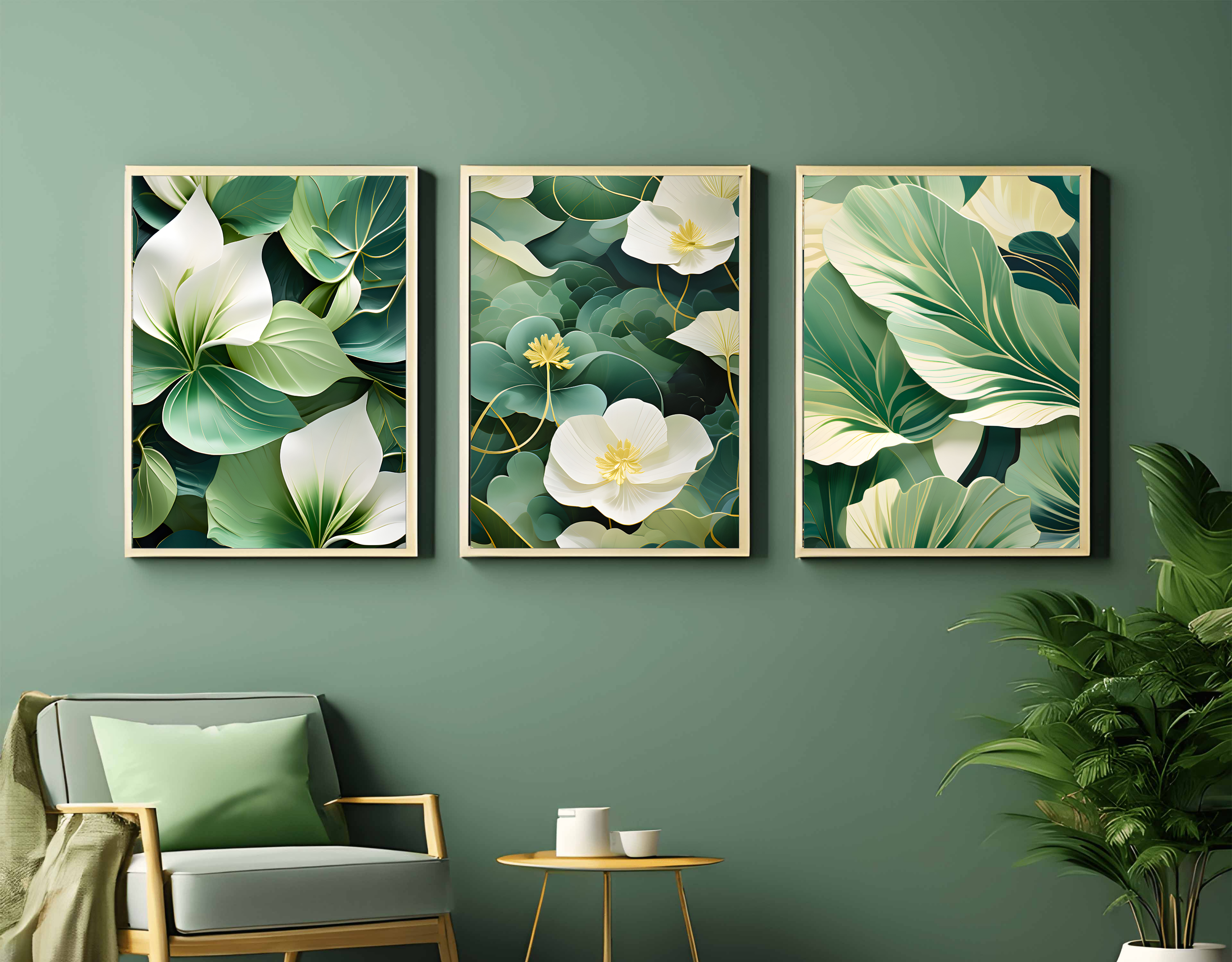 Three Luxury Green and White Leaves Art Print Set, Wall Art, Digital Download