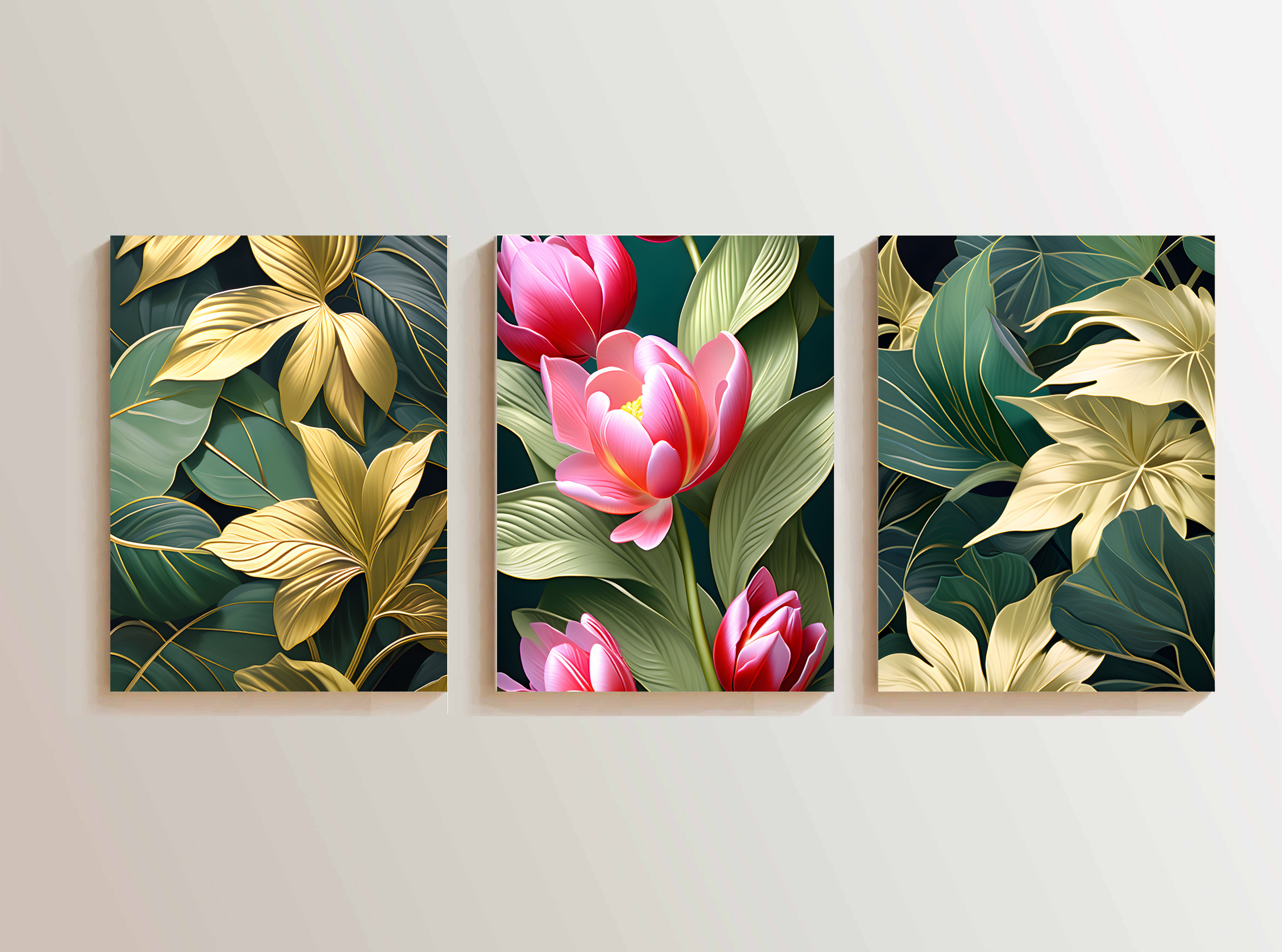 Three Luxury Lily Pink, White and Golden Flower Leaves Art Print Set, Wall Art, Digital Download