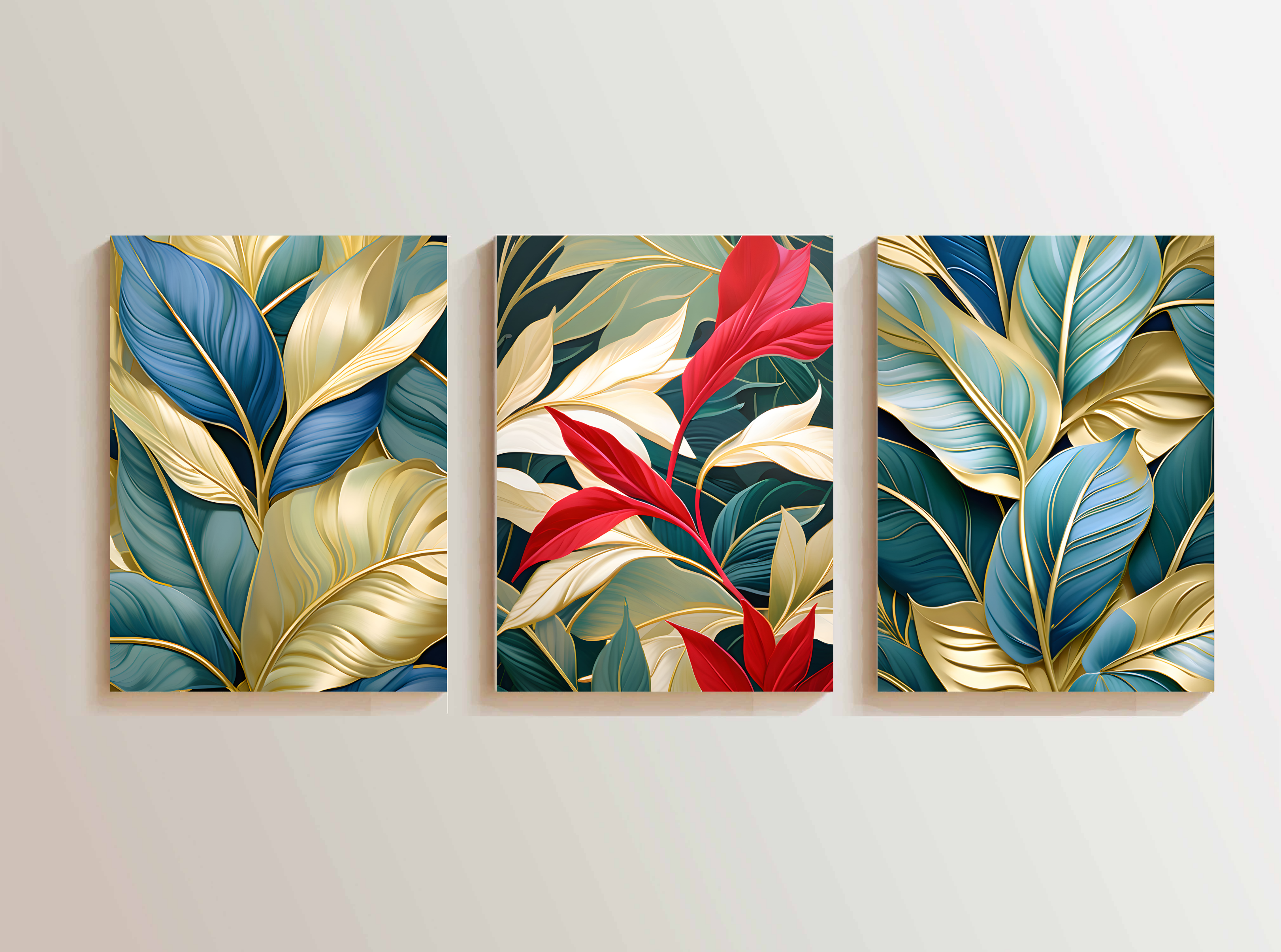 Three Luxury Blue, Red and Golden Leaves Art Print Set, Wall Art, Digital Download