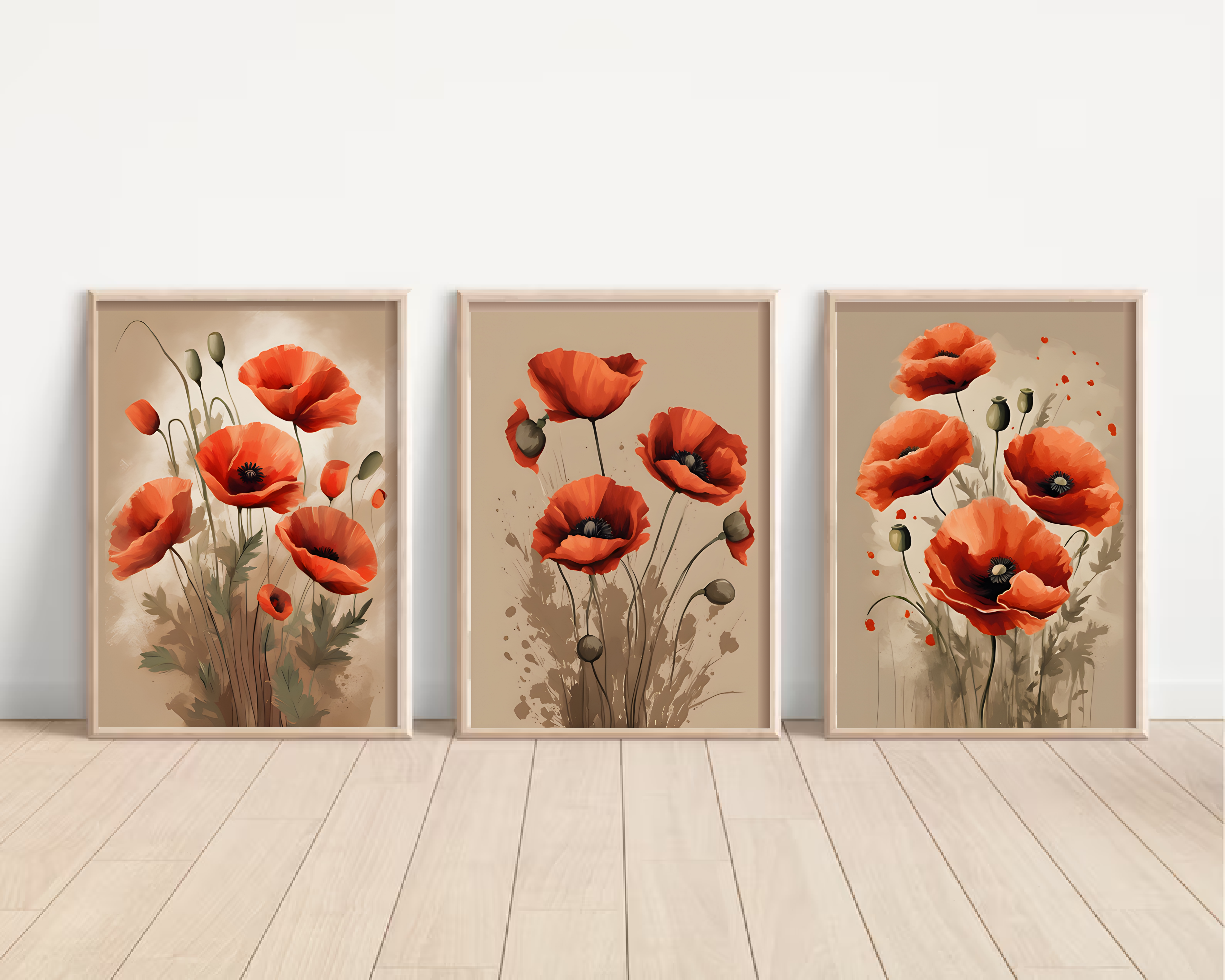 Three Luxury Poppy Red Flower Leaves Art Print Set, Wall Art, Digital Download