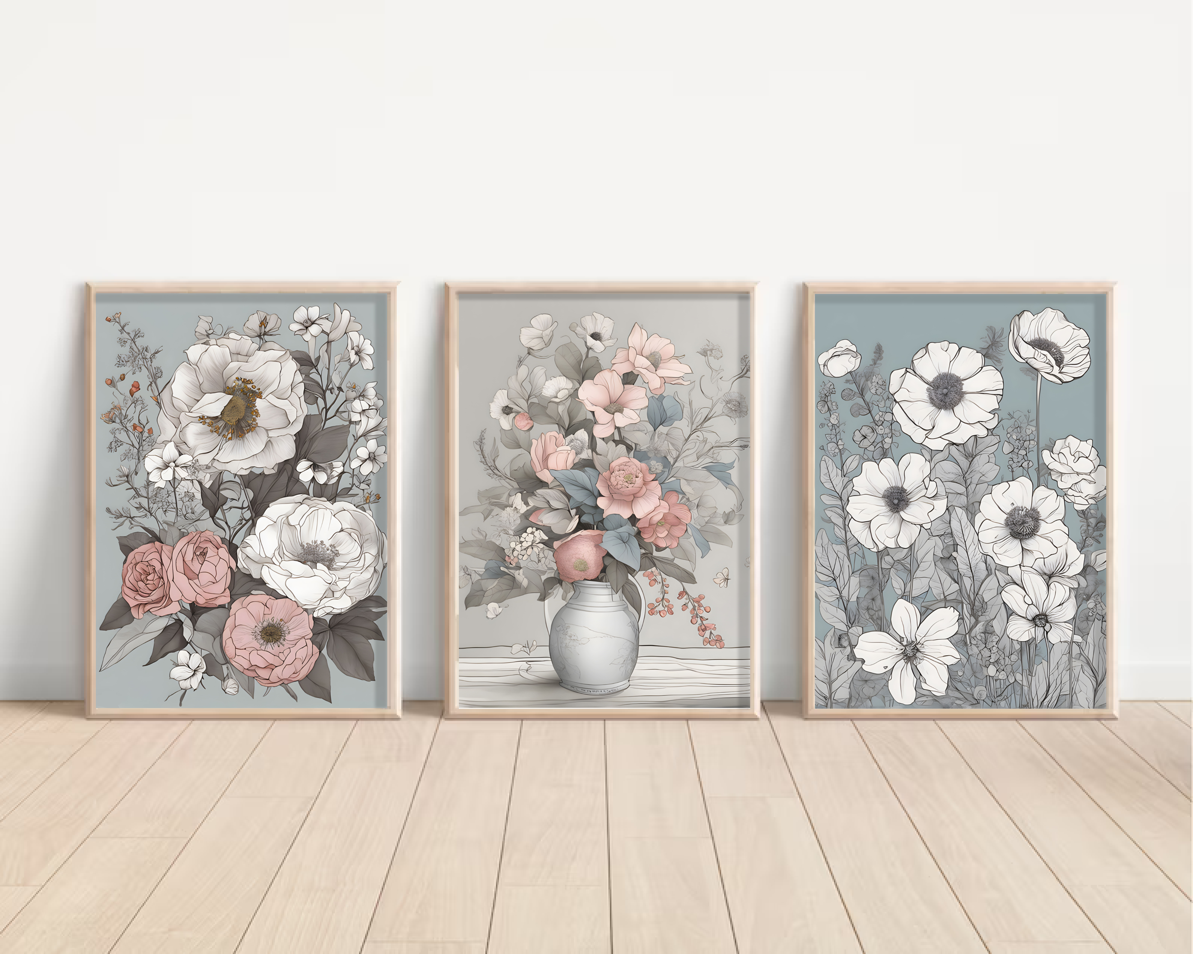 Three Flower Art Print Set, Flower Wall Art Set, Wall Art, Digital Download