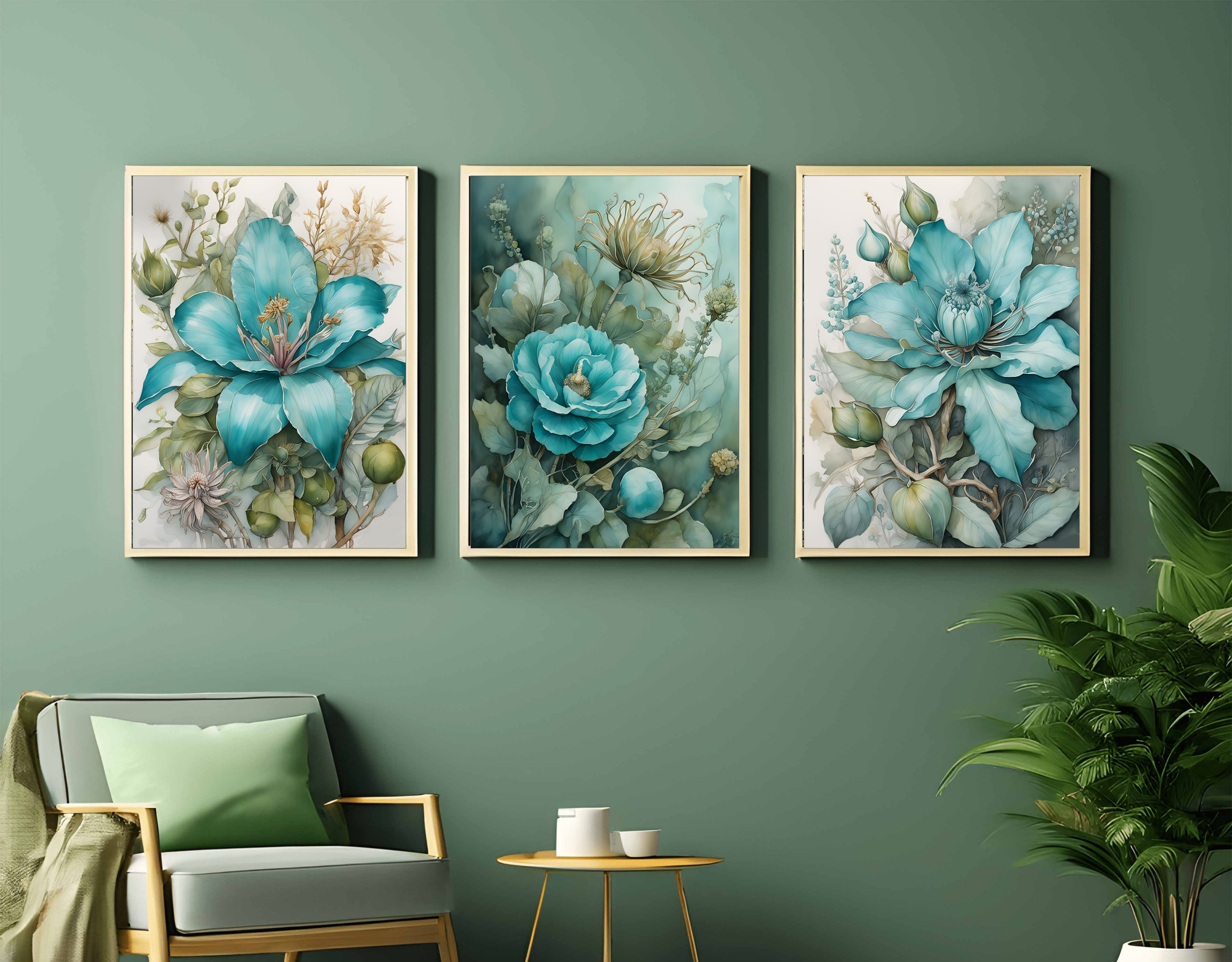 Three Luxury Blue and White Flower Leaves Art Print Set, Wall Art, Digital Download