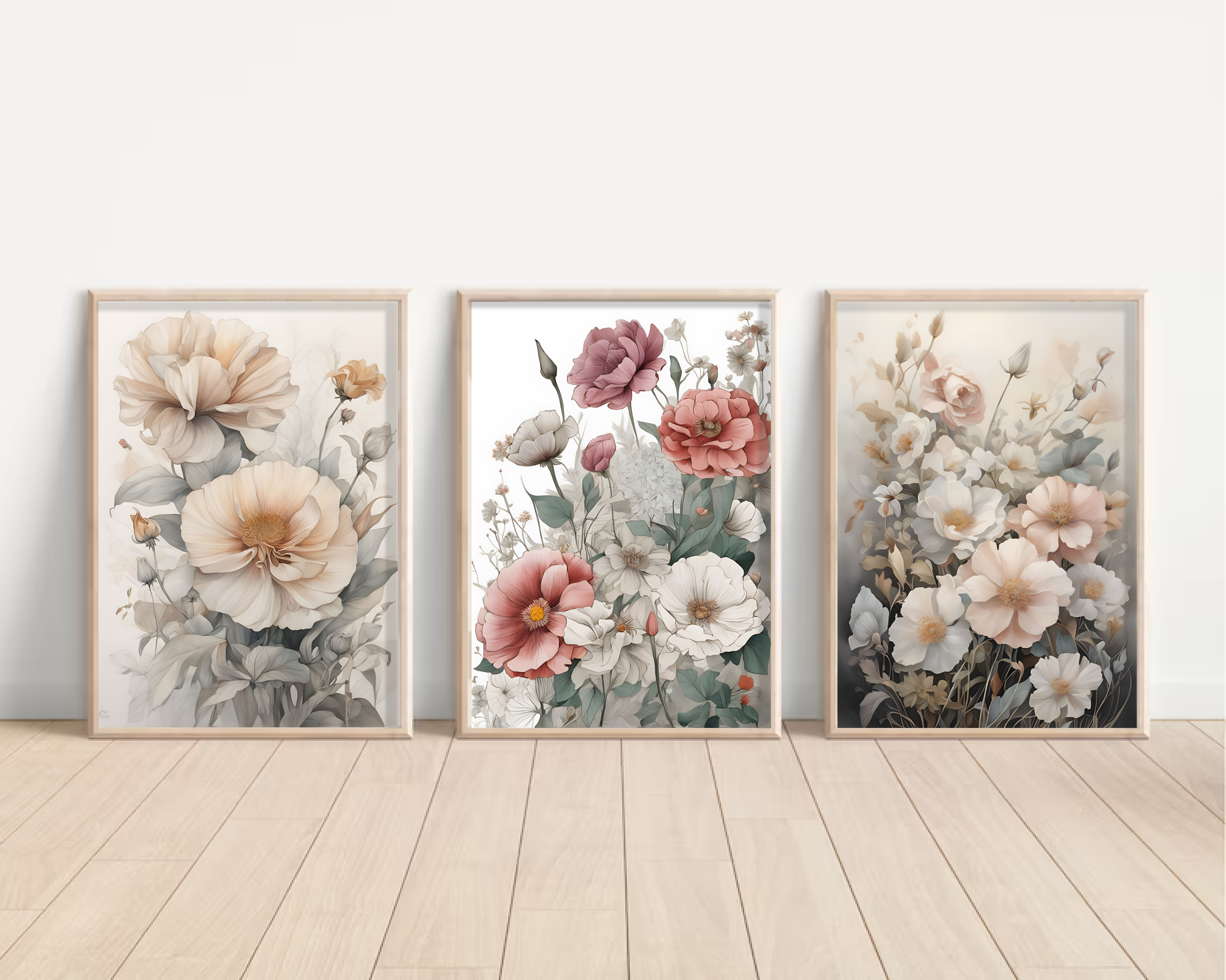 Three Colorful Flower Set, Floral Art Print Set, Wall Art, Digital Download