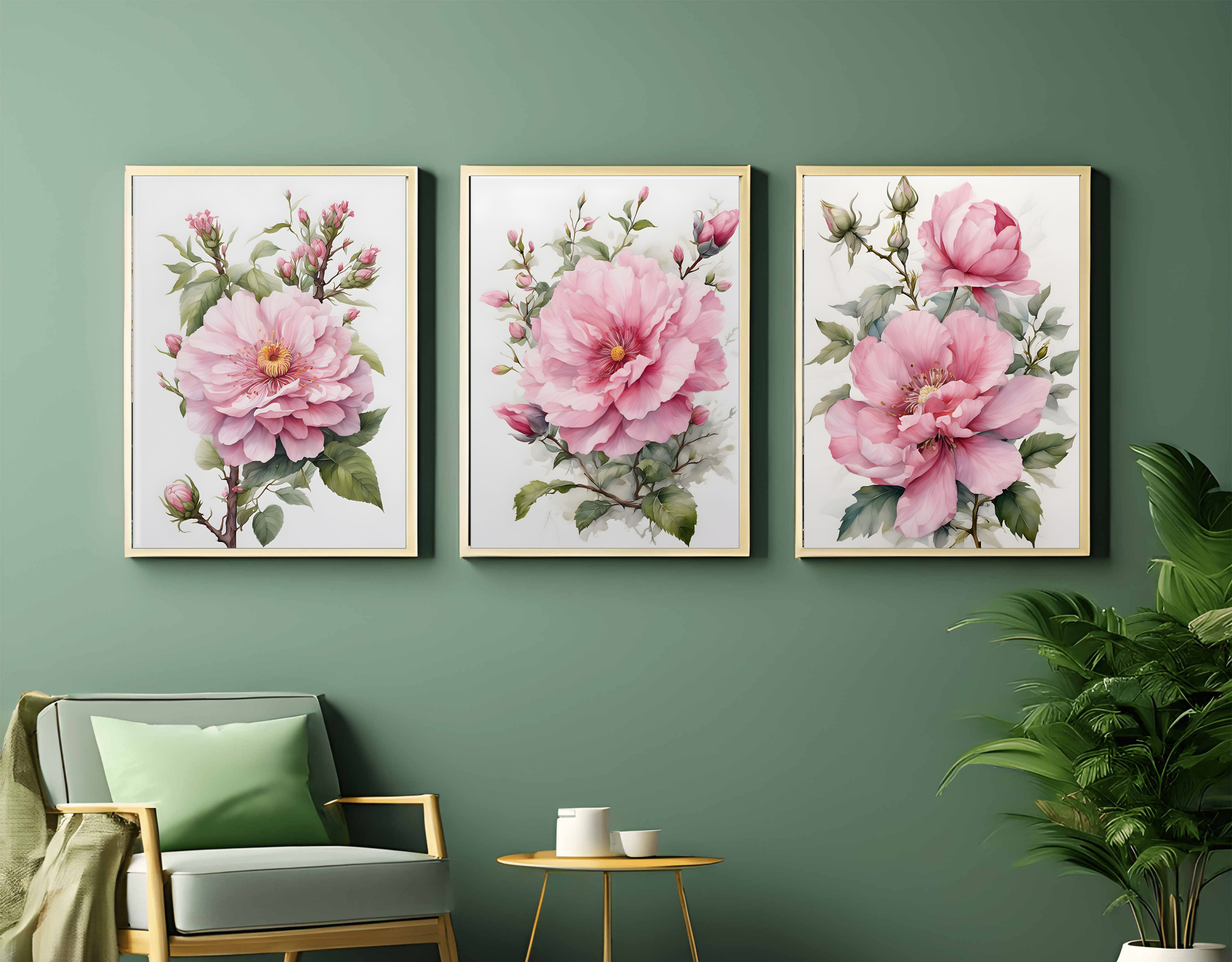 Three Luxury Pink and White Flower Leaves Art Print Set, Wall Art, Digital Download