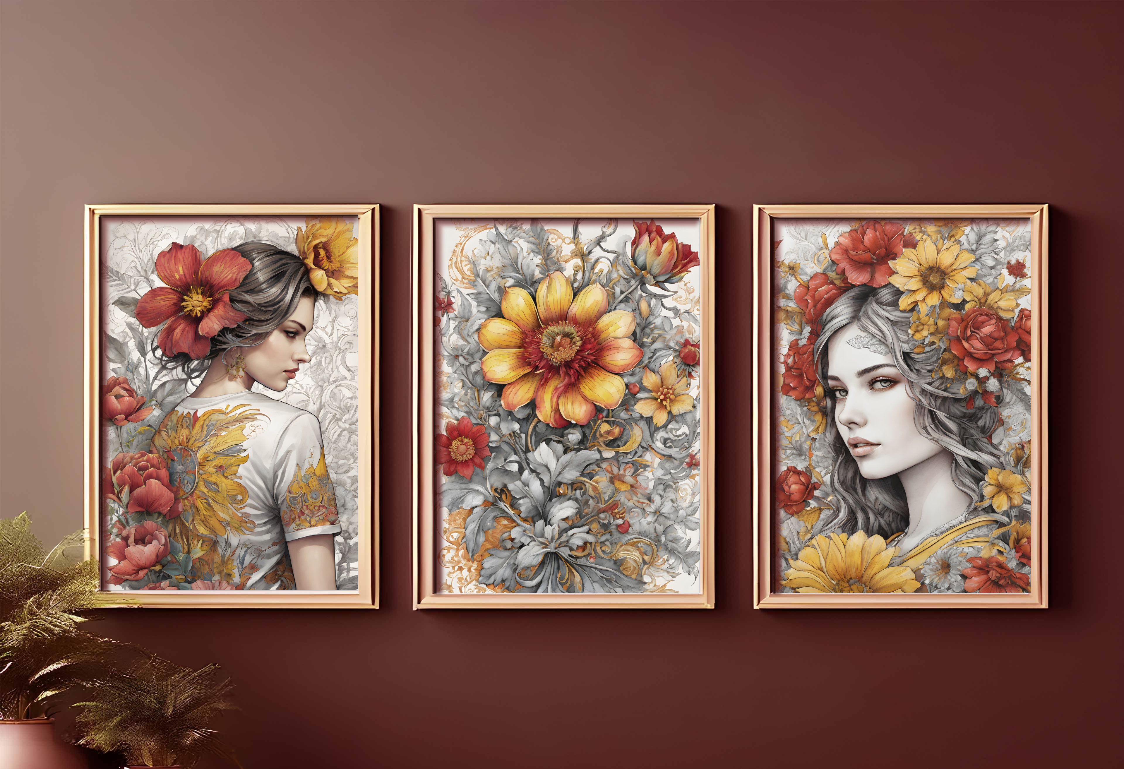 Three Colorful Girl with Flower Set, Floral Art Print Set, Wall Art, Digital Download
