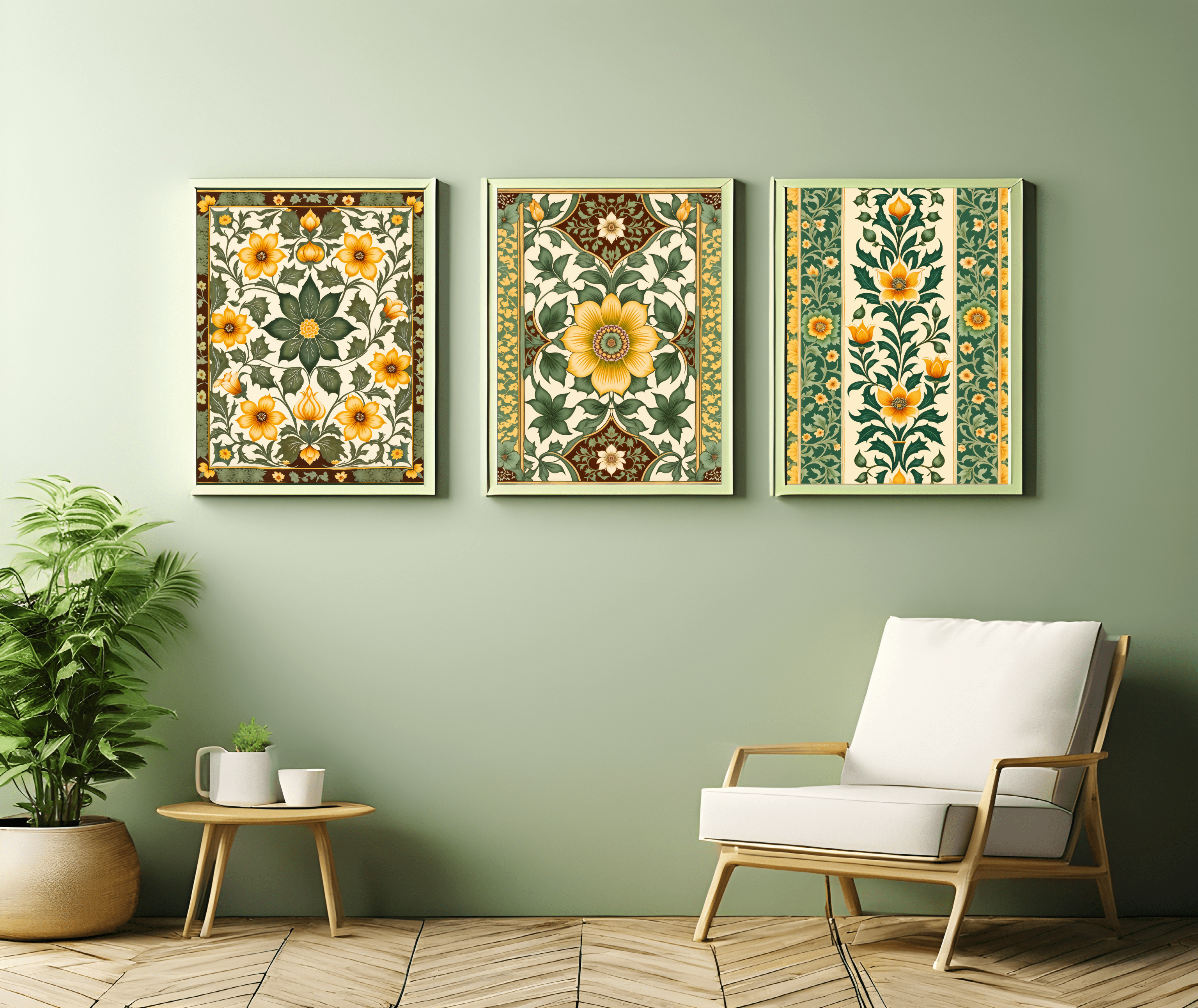Indian Art, Indian traditional Floral Mughal Style Art, Folk Art Print, Floral Art Set of 3