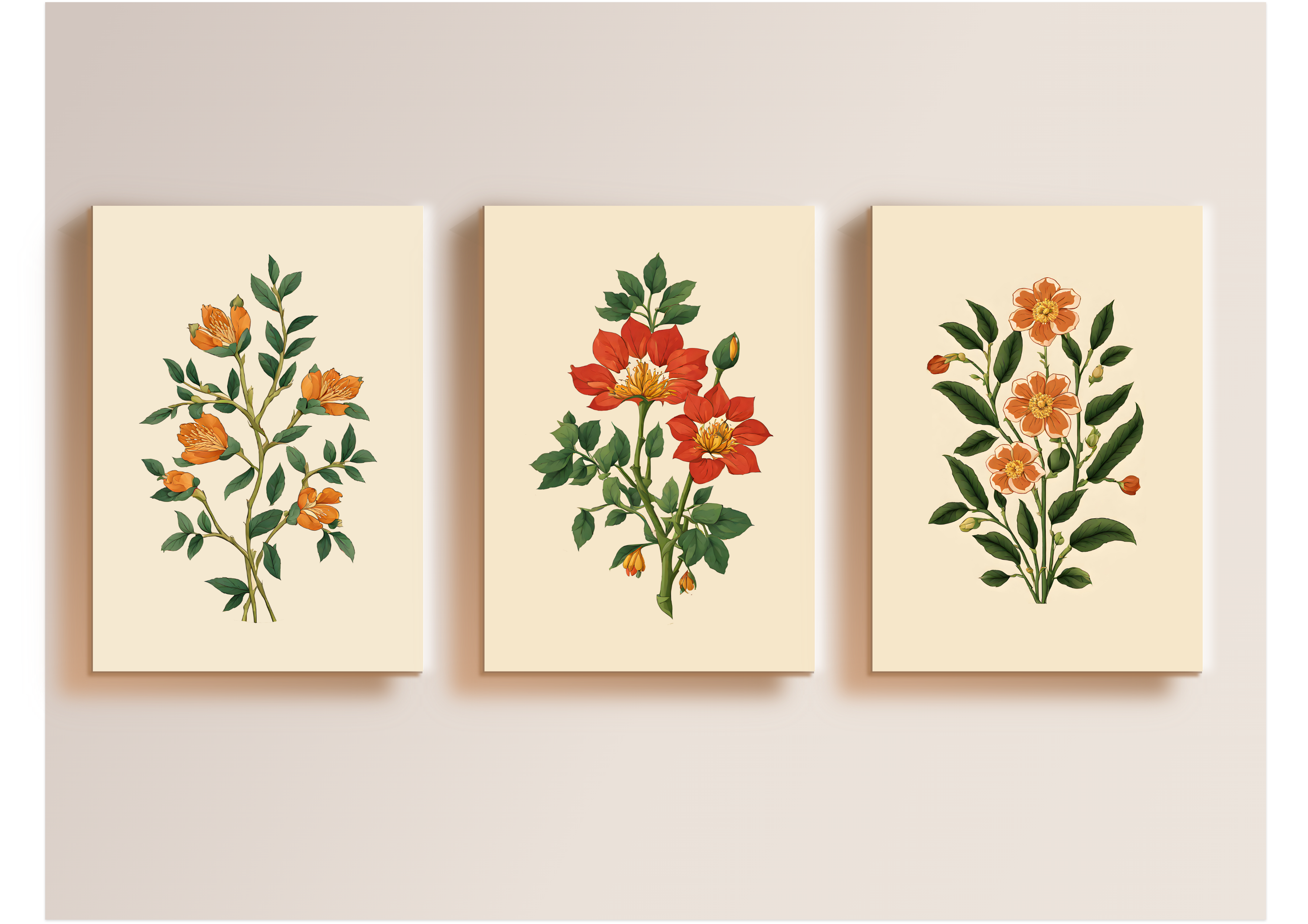 Floral Art, Botanical Art Print, Boho Flower Art, Digital Download Set of 3