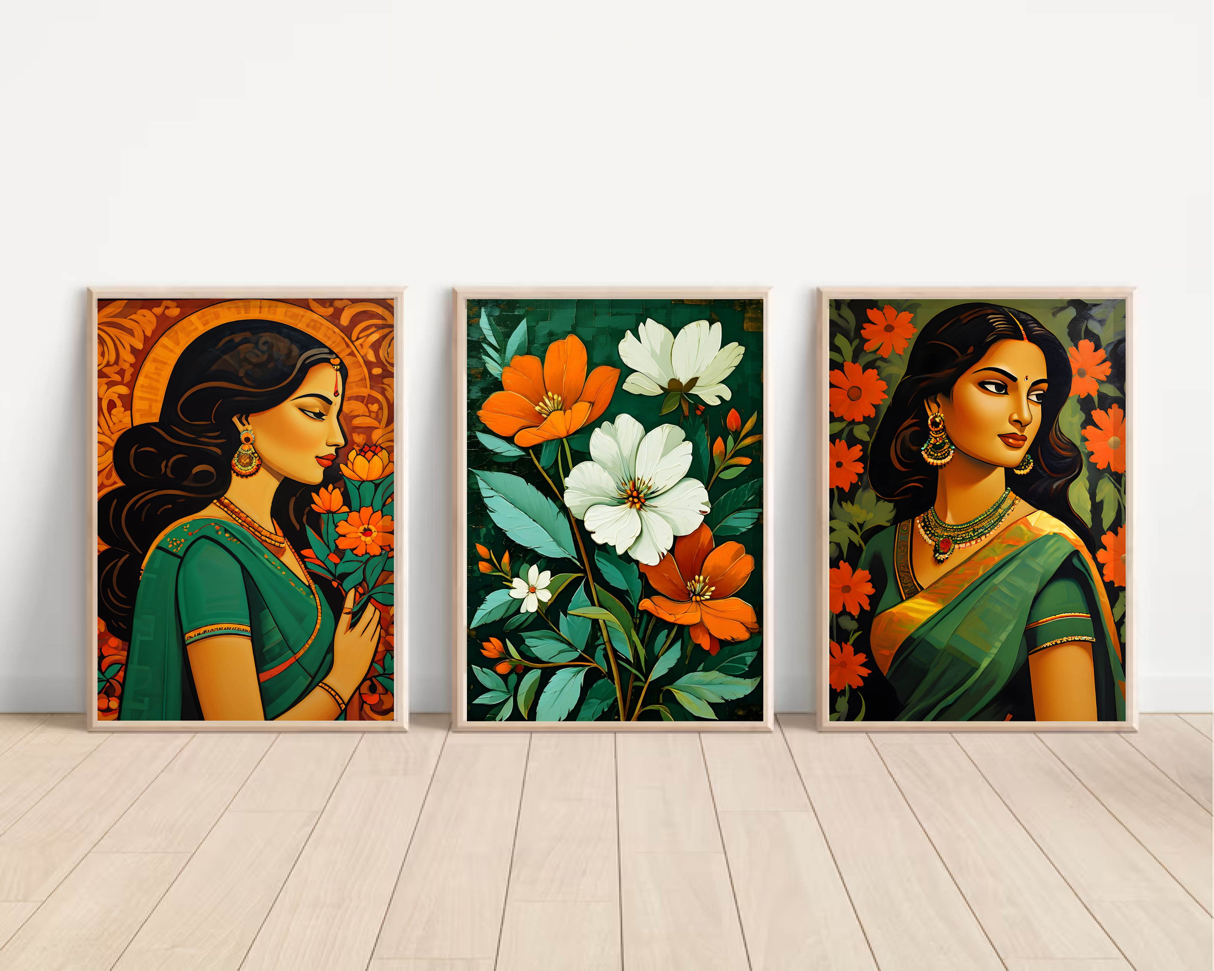 Indian Women Wall Art Set of 3, Indian Girl in Saree Art Prints, Indian Art, Digital Download