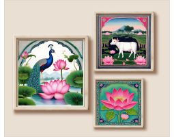 Indian Art, Indian Pichwai, Folk Art Print set of 3, Indian Vintage Lotus Digital Print