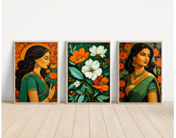 Indian Women Wall Art Set of 3, Indian Girl in Saree Art Prints, Indian Art, Digital Download